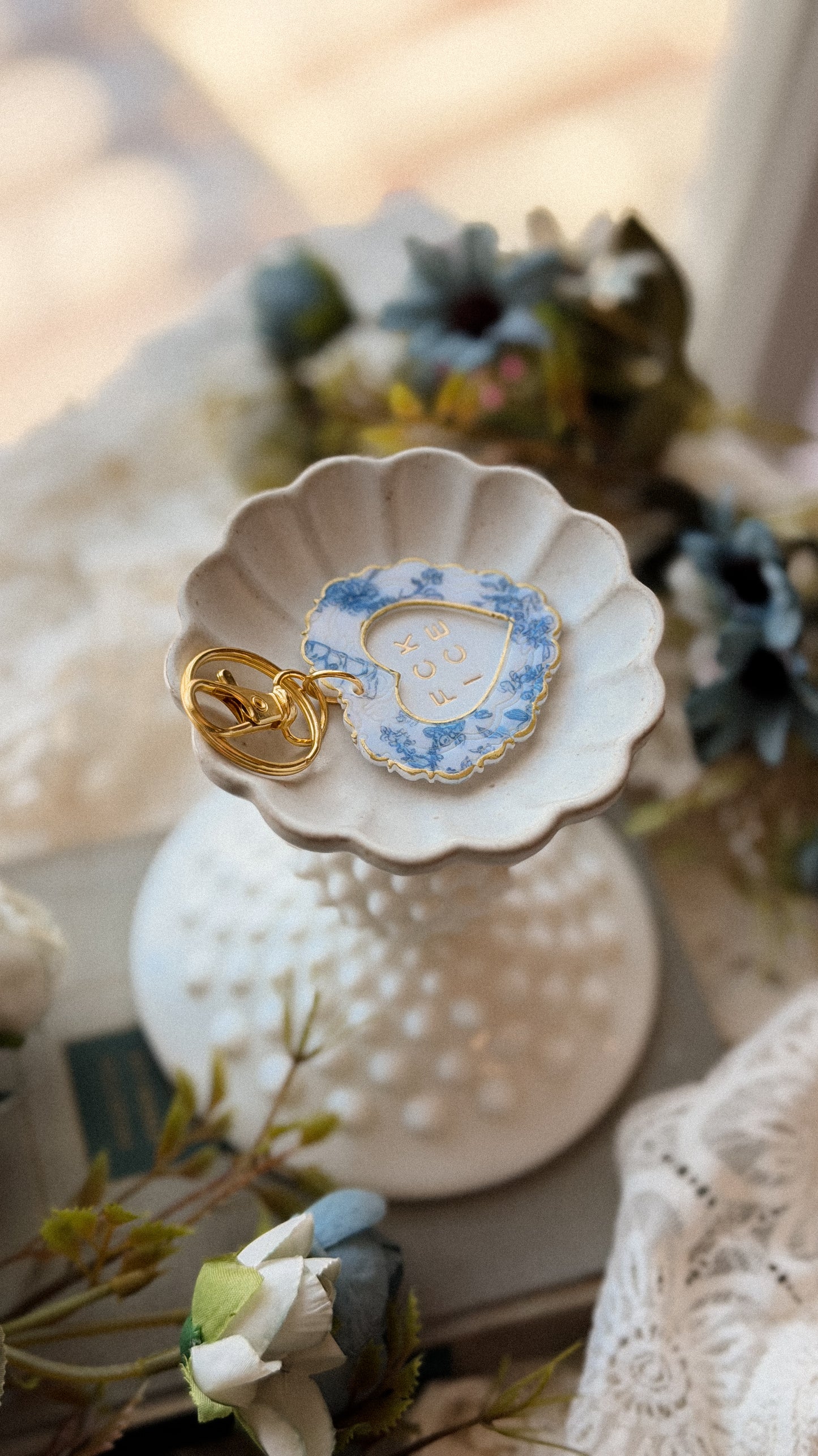 Handcrafted Chinoiserie FCK ICE Heart Keychain in polymer clay with bold heart design and metal keyring on white background — unique handmade accessory