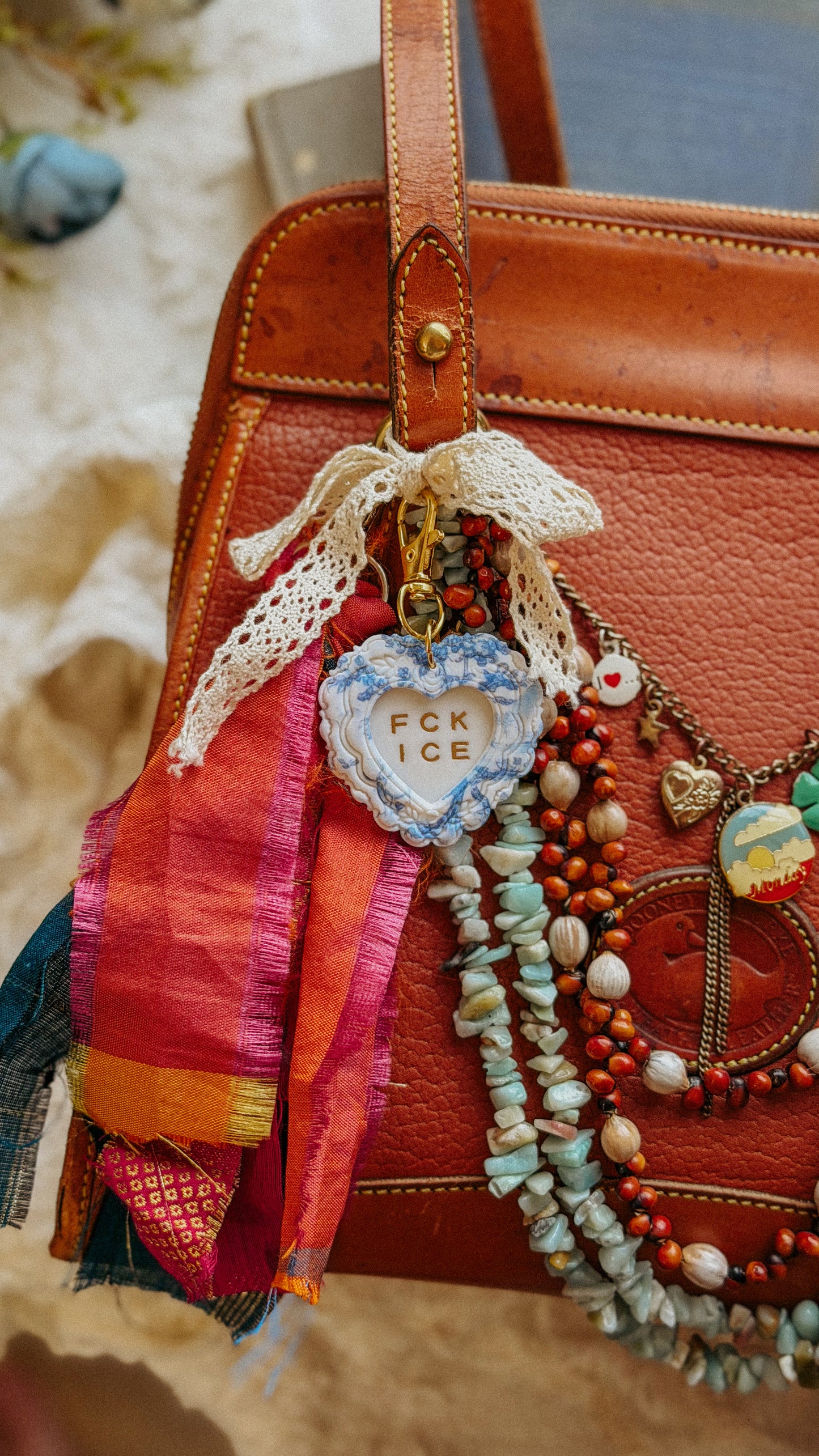FCK ICE Chinoiserie Heart Keychain- Handmade Polymer Clay Bag Charm