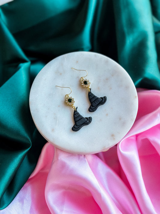 Elphaba hat crystal dangle earrings handmade polymer clay earrings Wicked earrings