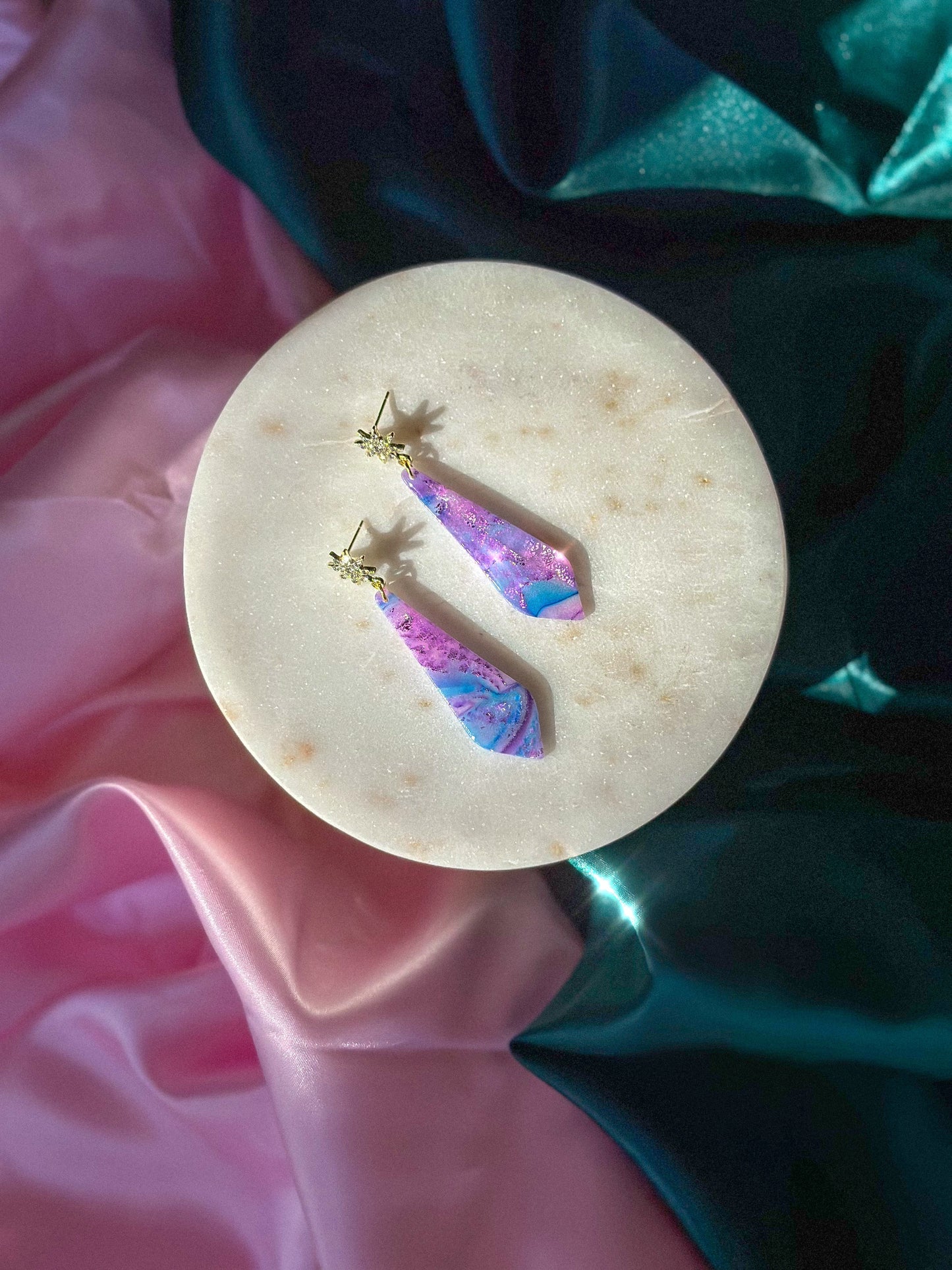 Glinda’s Gown Earrings Stained Glass Starburst handmade polymer clay earrings Wicked inspired earrings