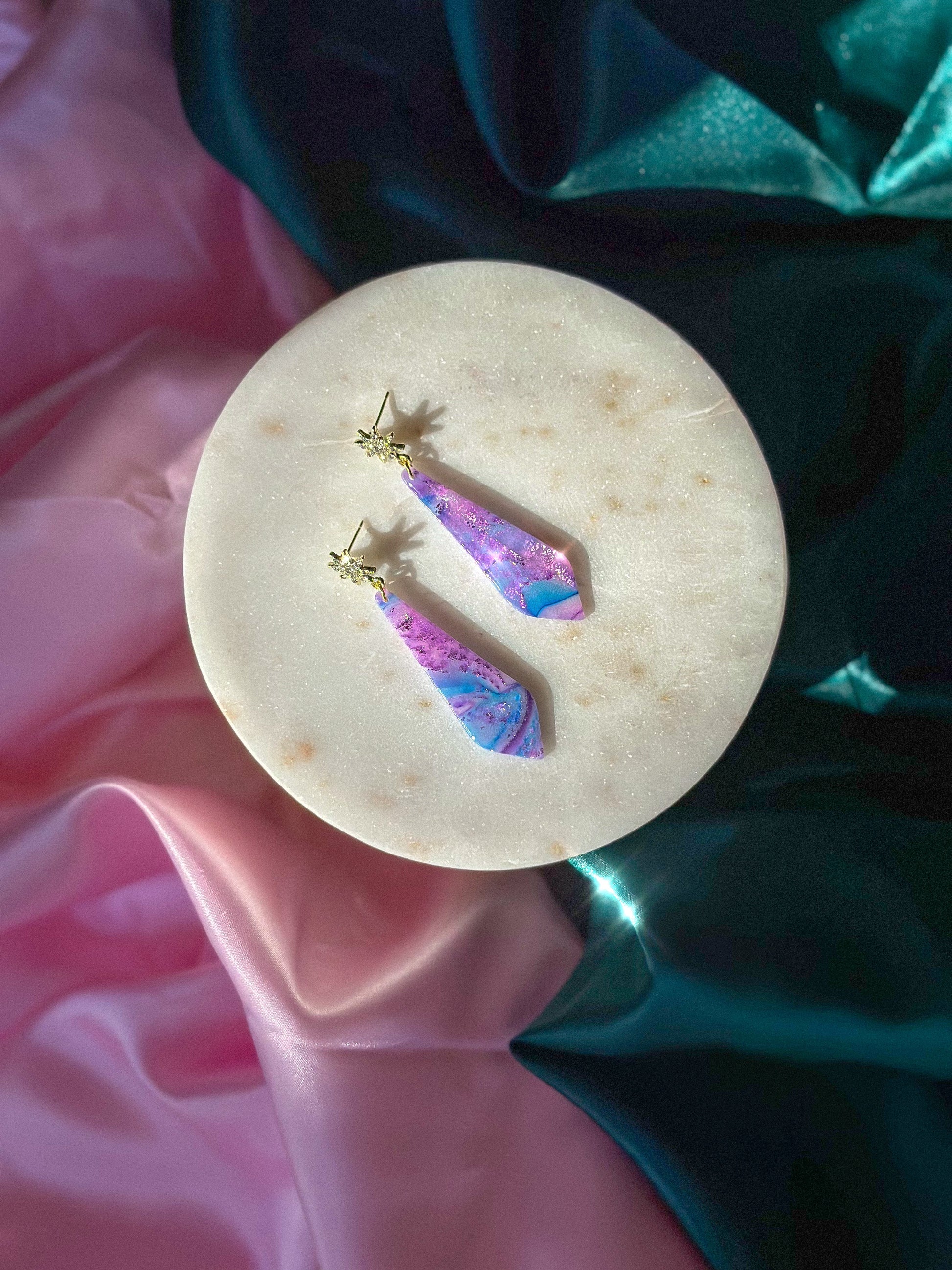 Glinda’s Gown Earrings Stained Glass Starburst handmade polymer clay earrings Wicked inspired earrings