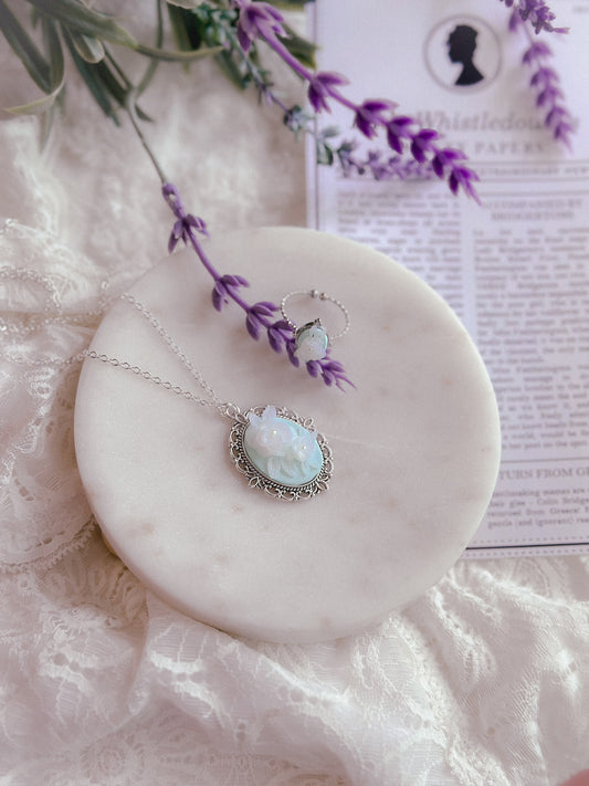 Translucent Floral Cameo Necklace- Mint Silver / 10”
