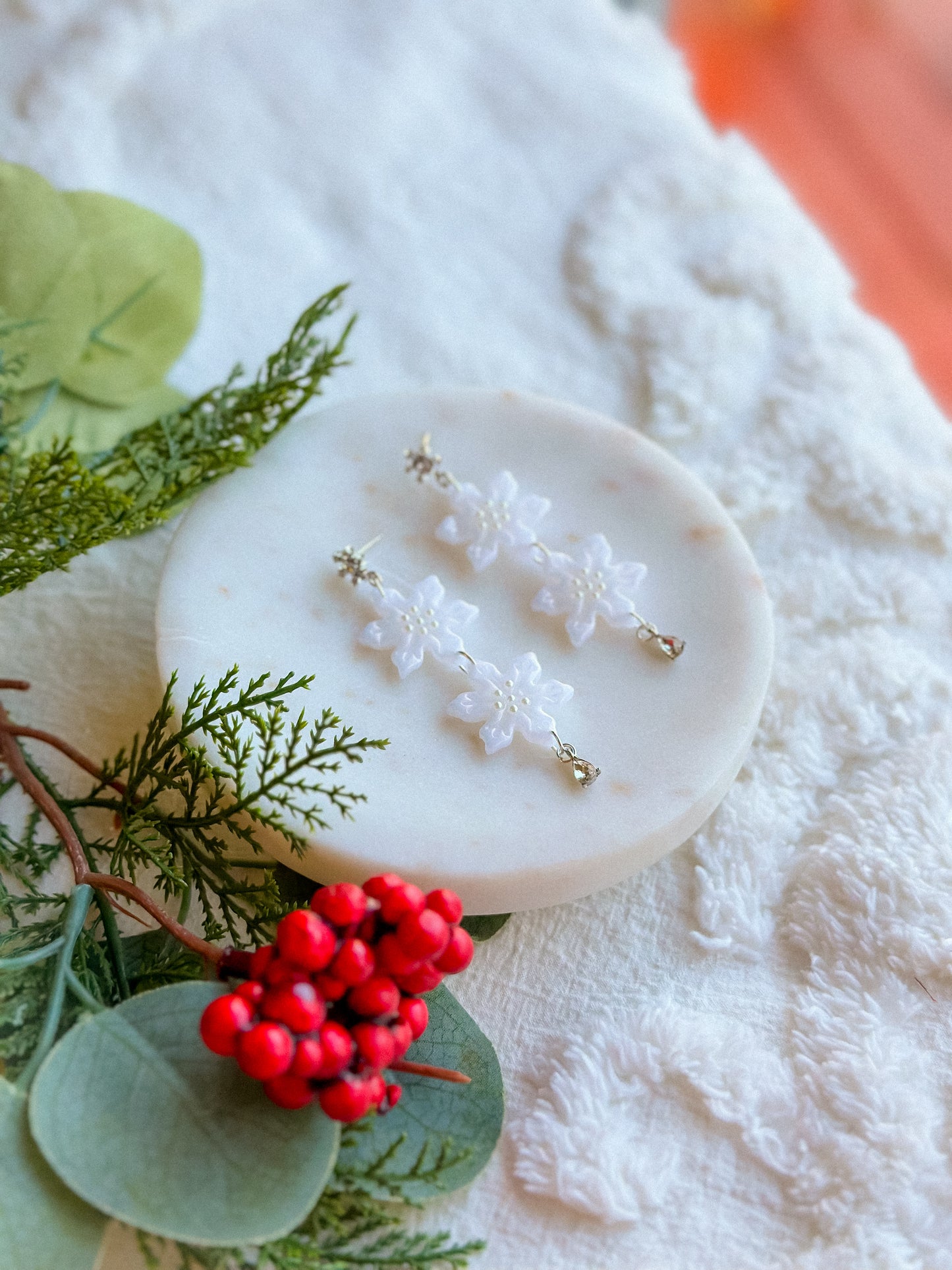 Ice Queen Shimmer Pearl Double Snowflake Dangles on Crystal Snowflakes