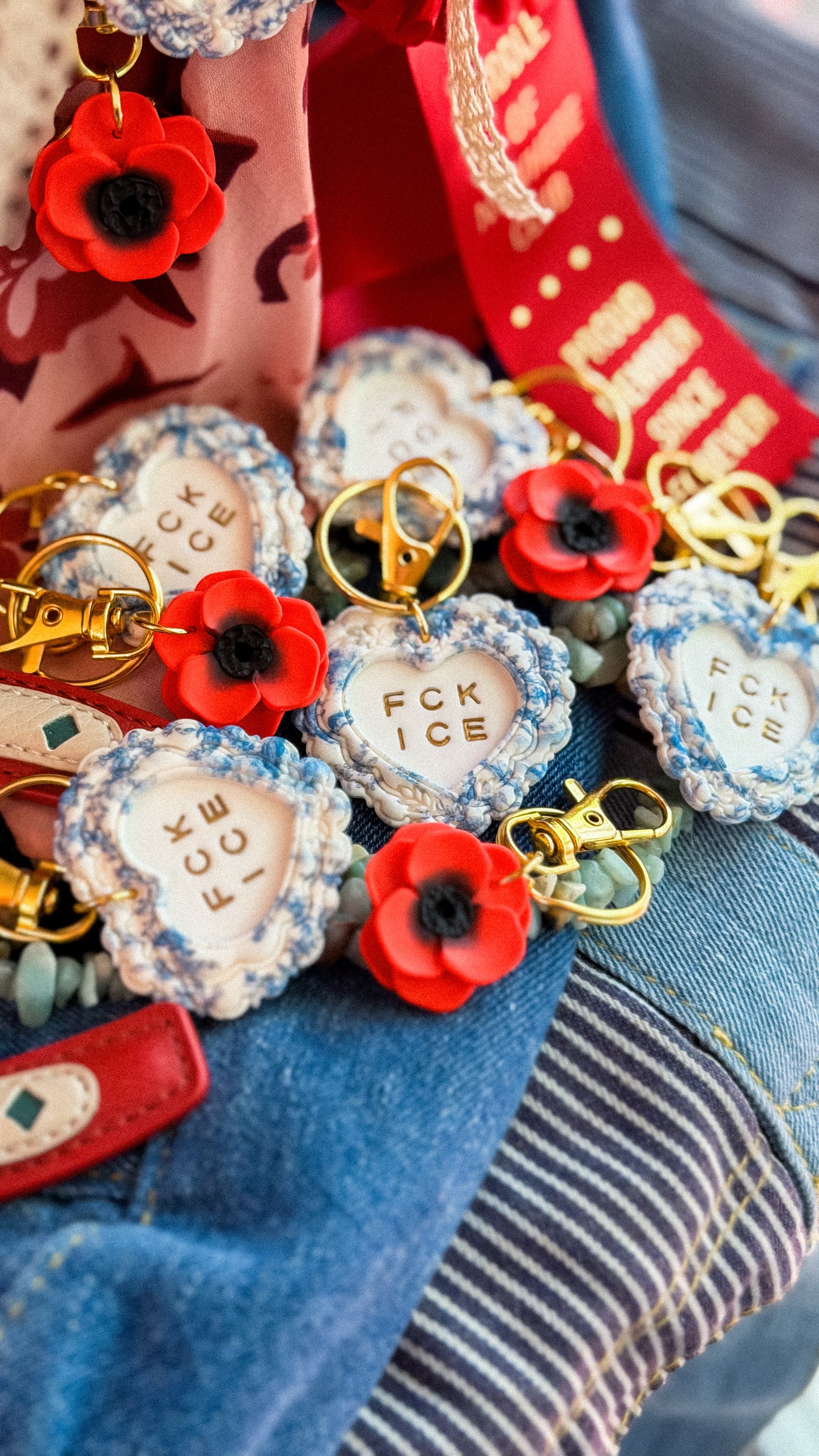 FCK ICE Chinoiserie Heart Keychain in GOLD- Handmade Polymer Clay Bag Charm