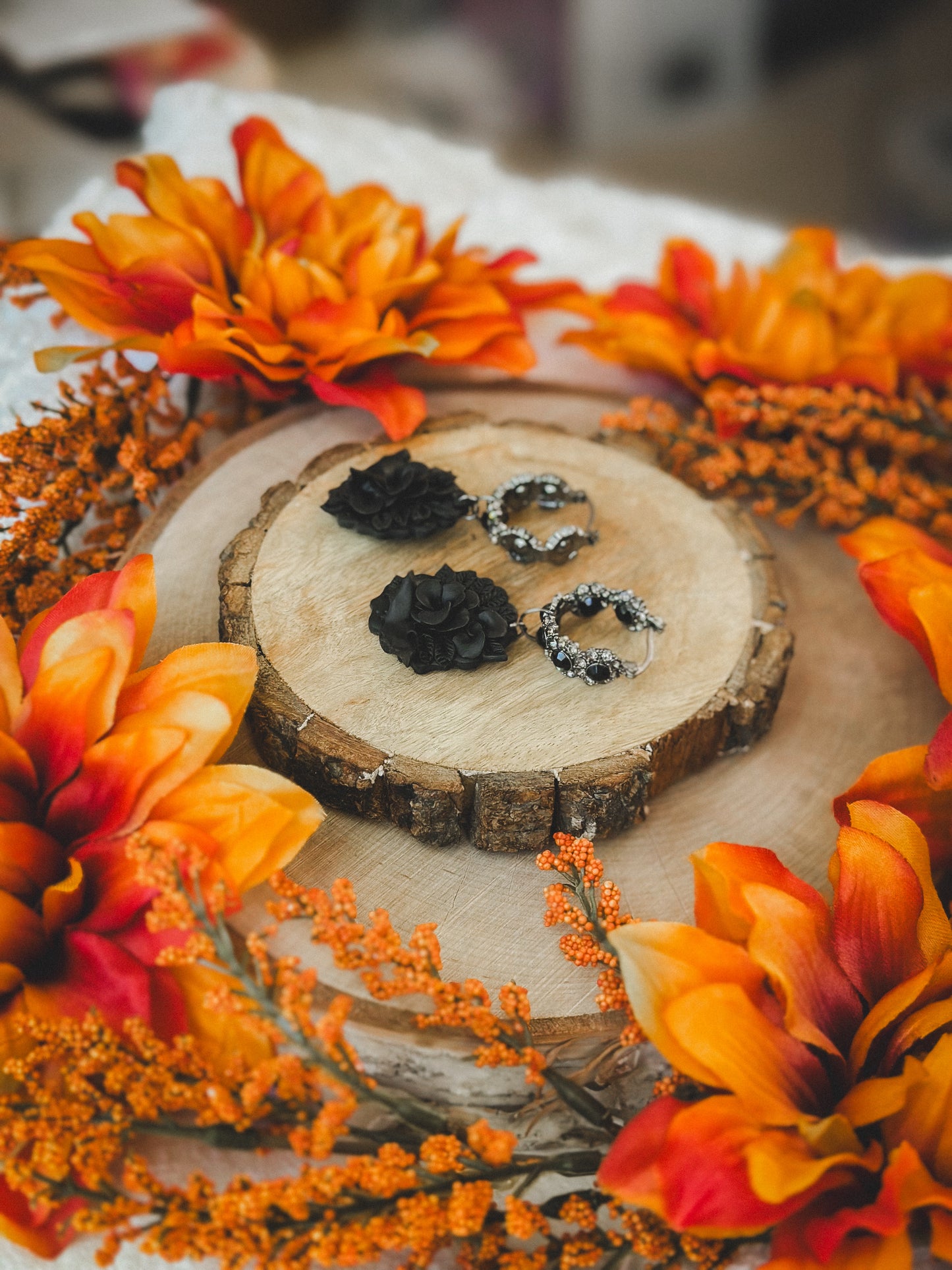 Gothic Monochrome Floral on Black Crystal Hoops