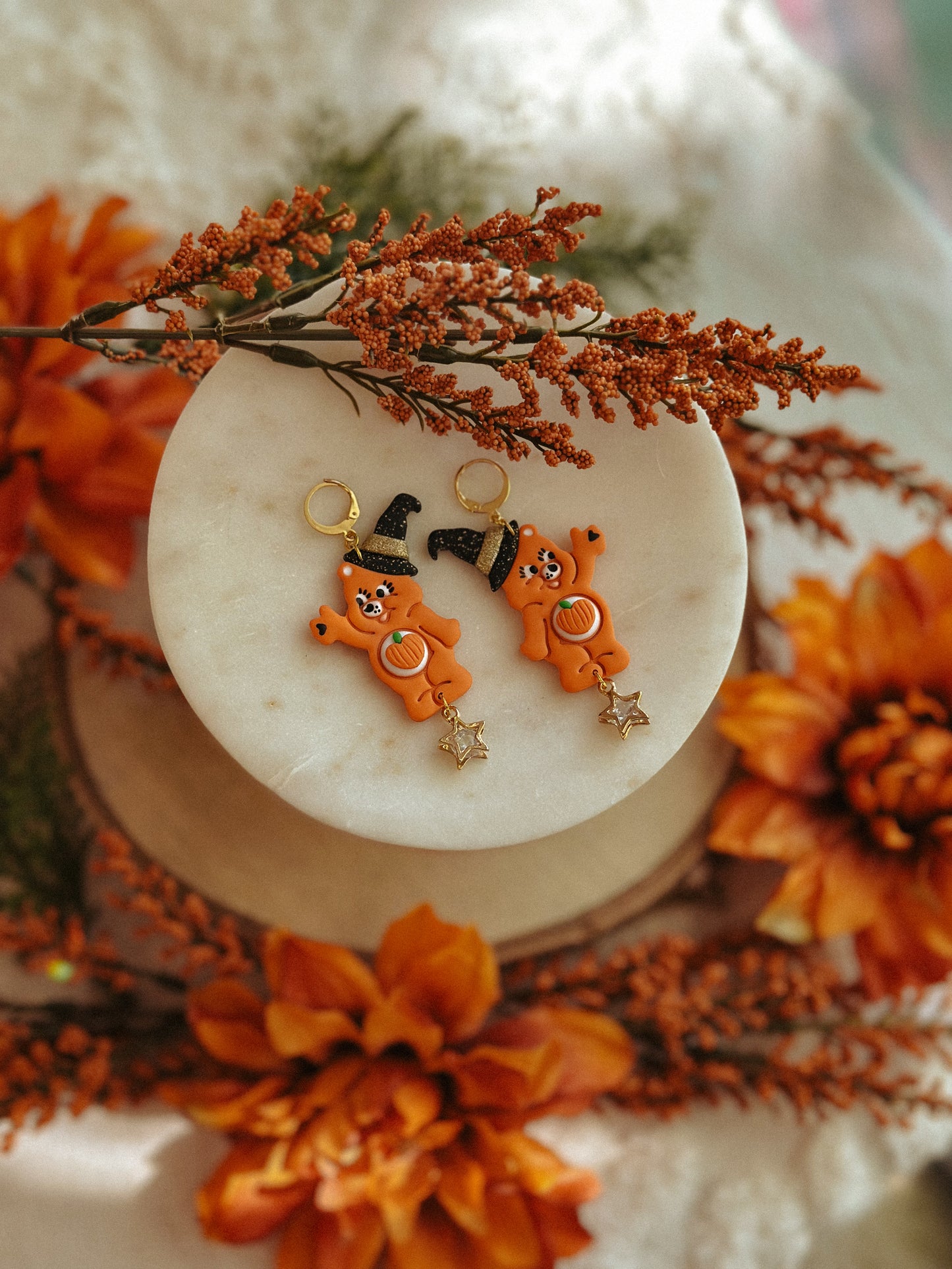 Pumpkin Carebear Drops polymer clay Halloween dangle earrings