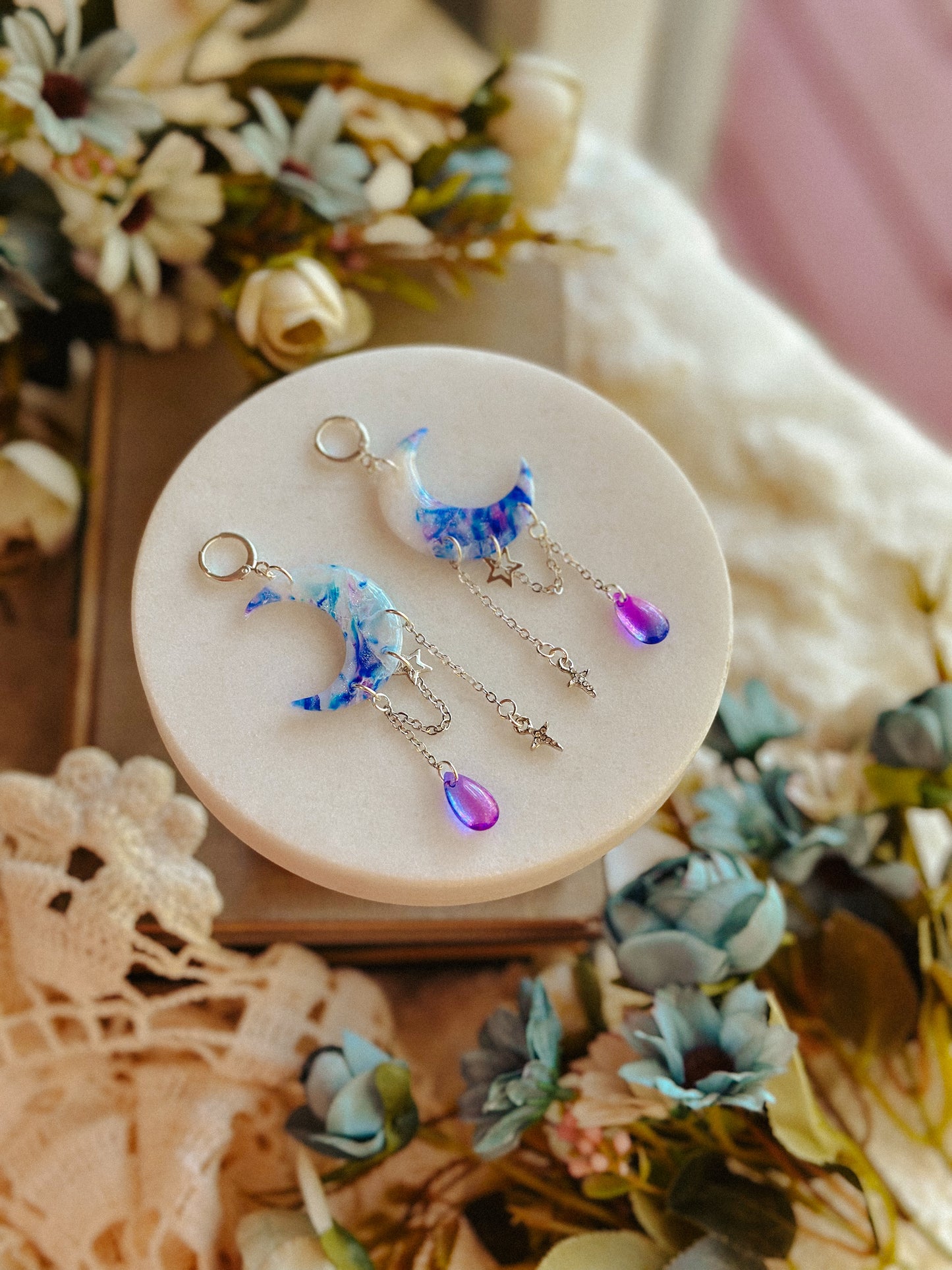 Summer Sunset Stained Glass Crescent Moon Dangles