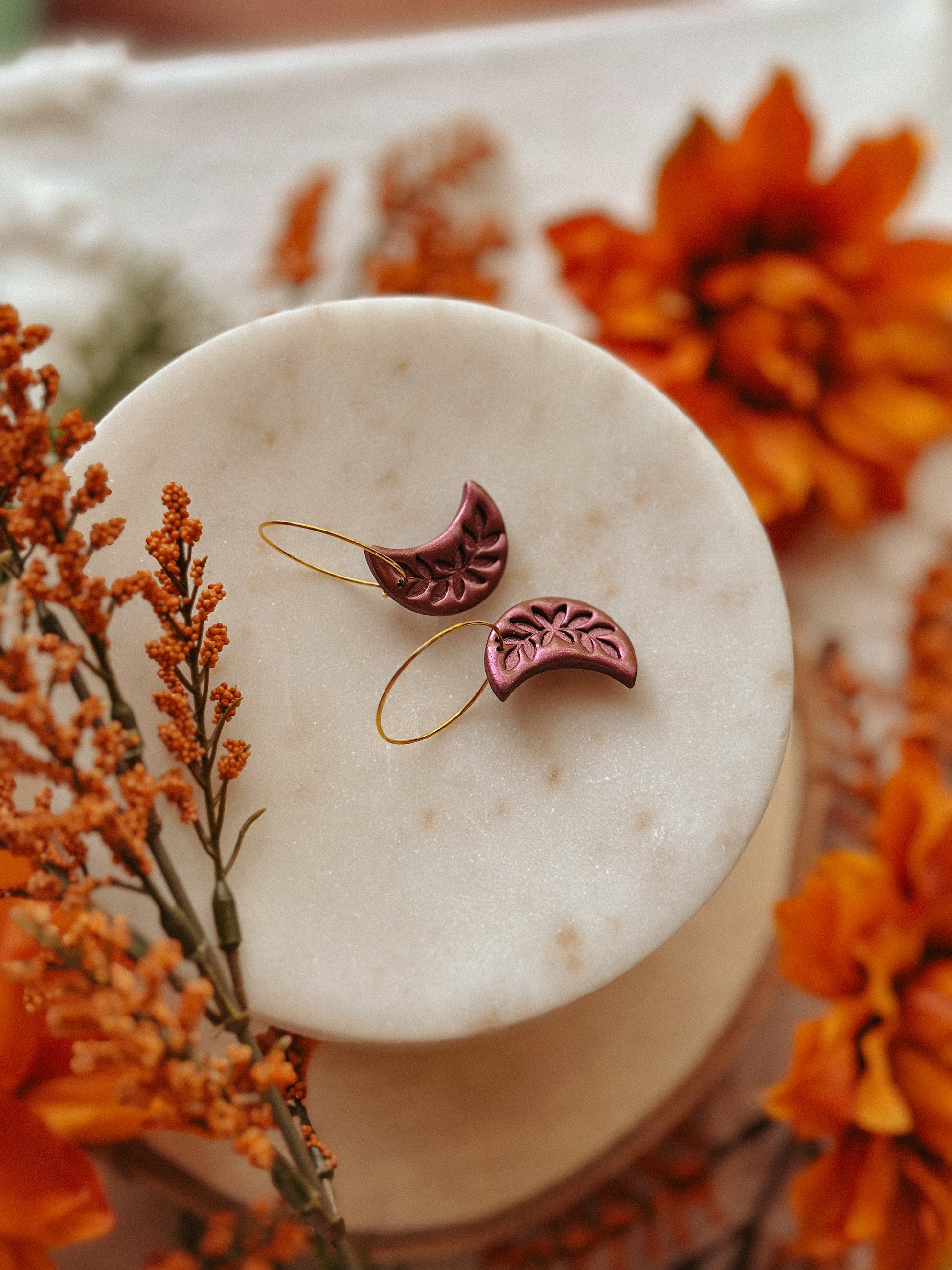 Mulberry shimmer crescent moon hoop polymer clay earrings