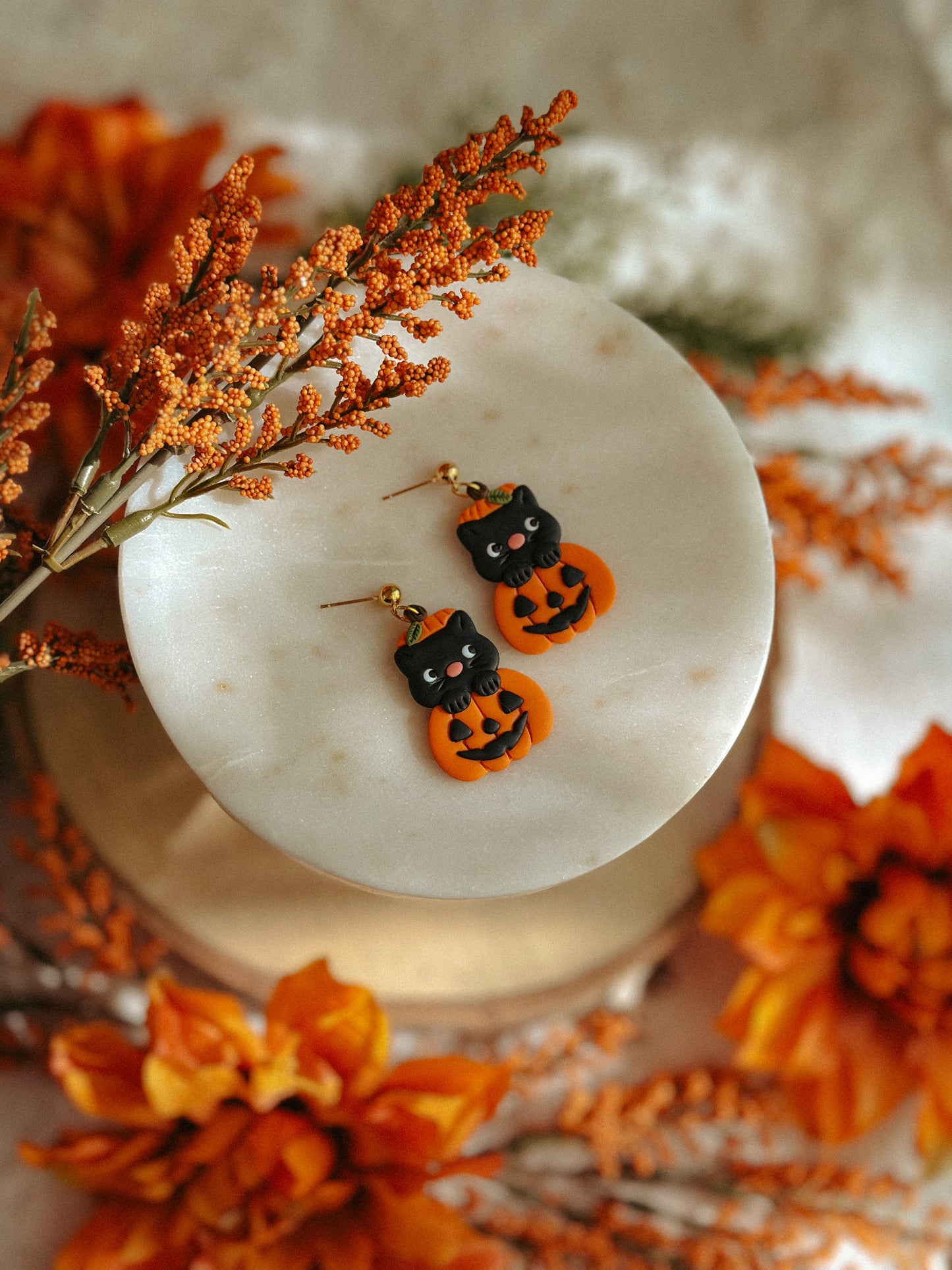 Pumpkin Kitty Drop Dangle polymer clay earrings black kitty pumpkin design