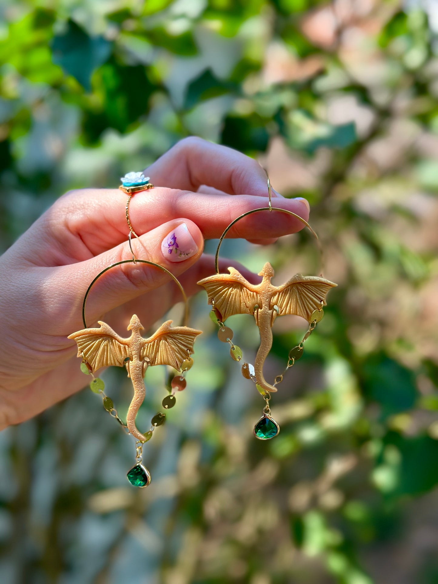 HOTD Syrax Dragon Gold Emerald Crystal Hoop Dangles