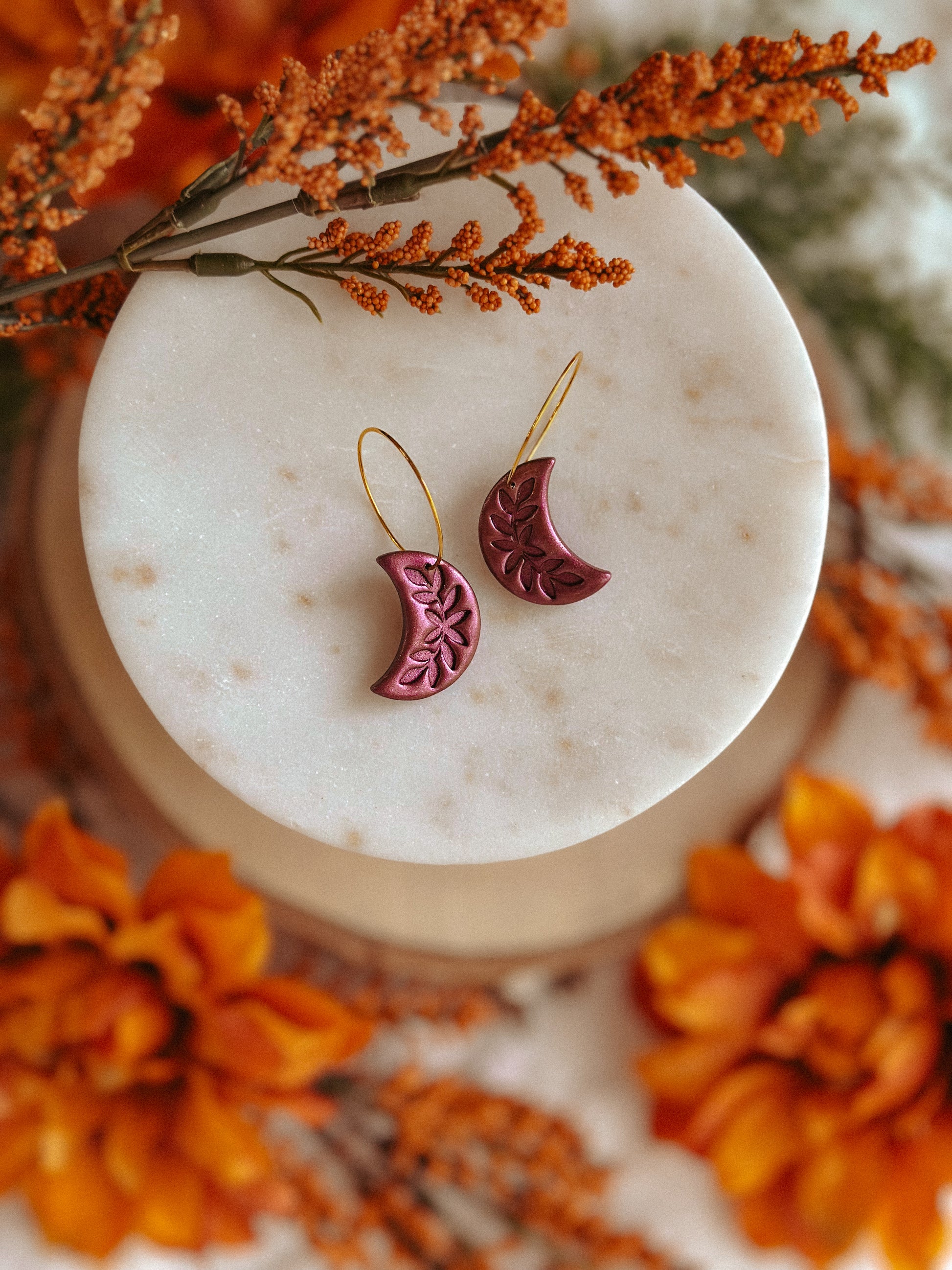Mulberry shimmer crescent moon hoop polymer clay earrings