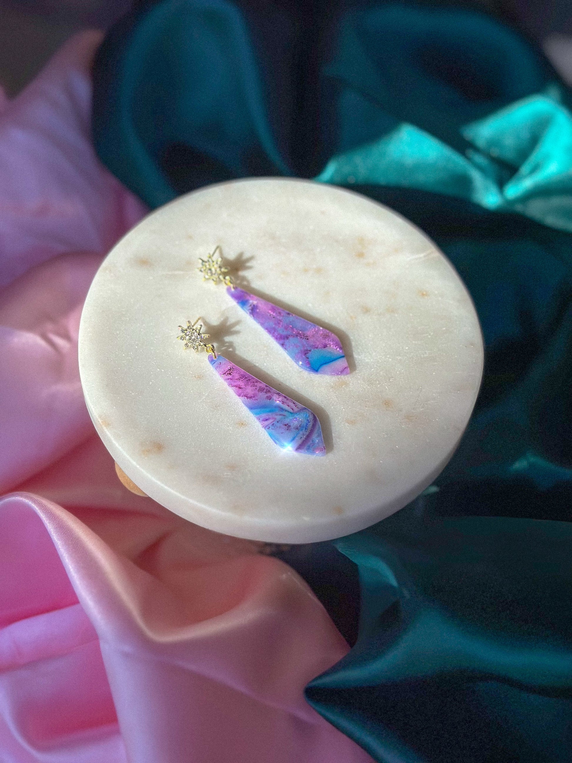 Glinda’s Gown Earrings Stained Glass Starburst handmade polymer clay earrings Wicked inspired earrings