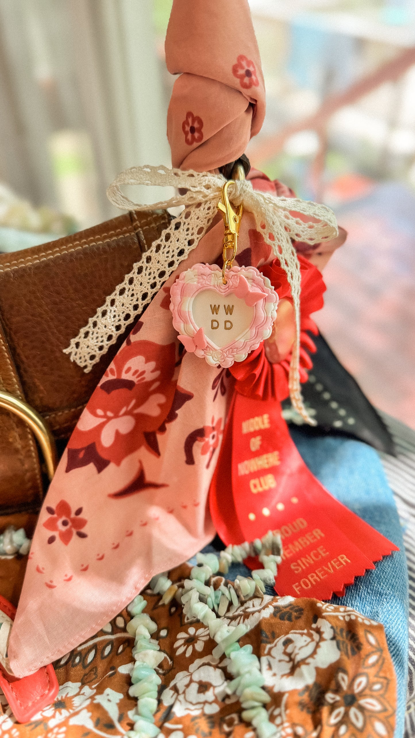 WWDD “What Would Dolly Do?” Pink Gingham Heart Bag Charm / Keychain with Butterflies