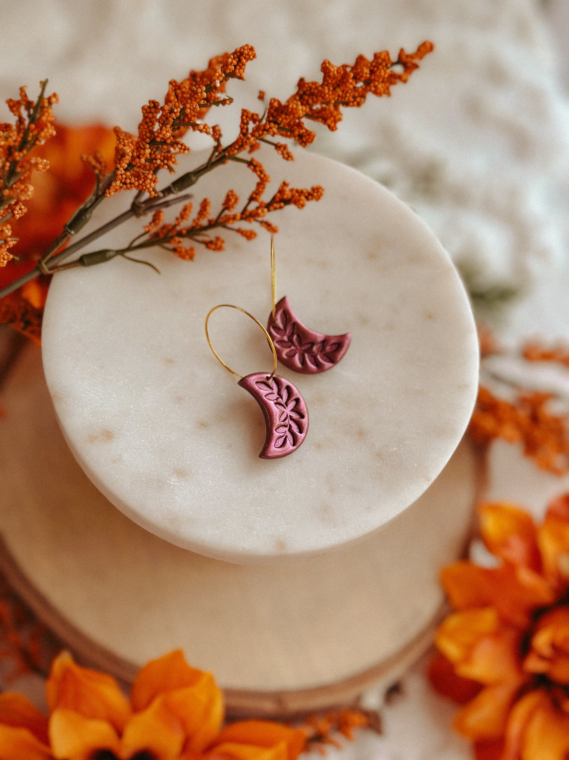 Mulberry shimmer crescent moon hoop polymer clay earrings