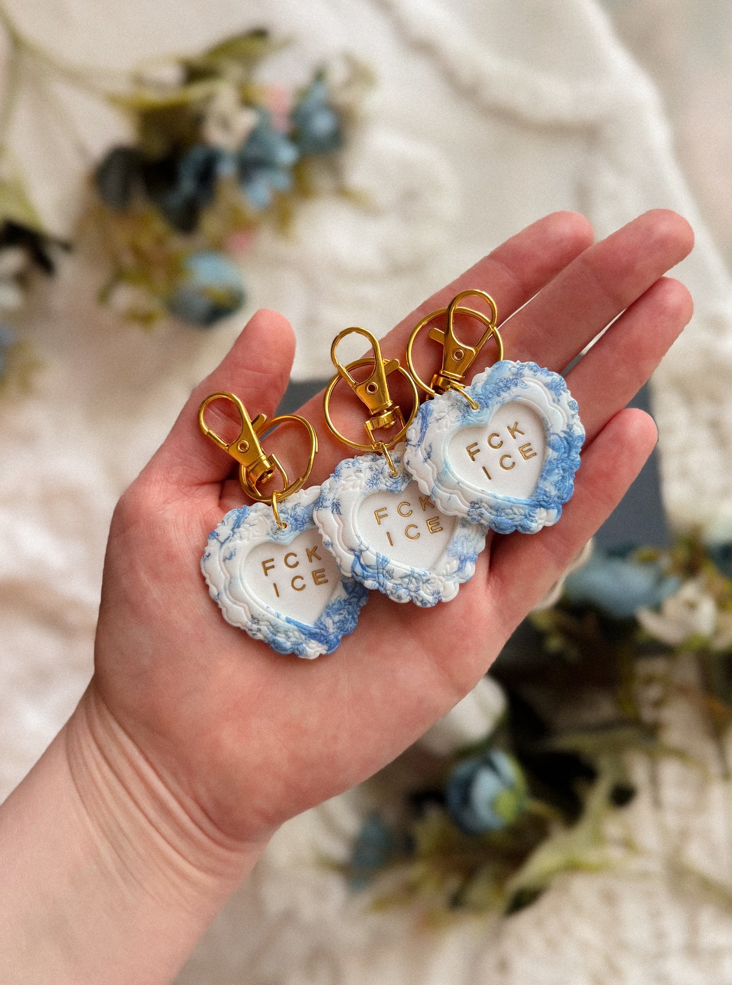 IMPERFECT~ FCK ICE Chinoiserie Heart Keychain in GOLD- Handmade Polymer Clay Bag Charm