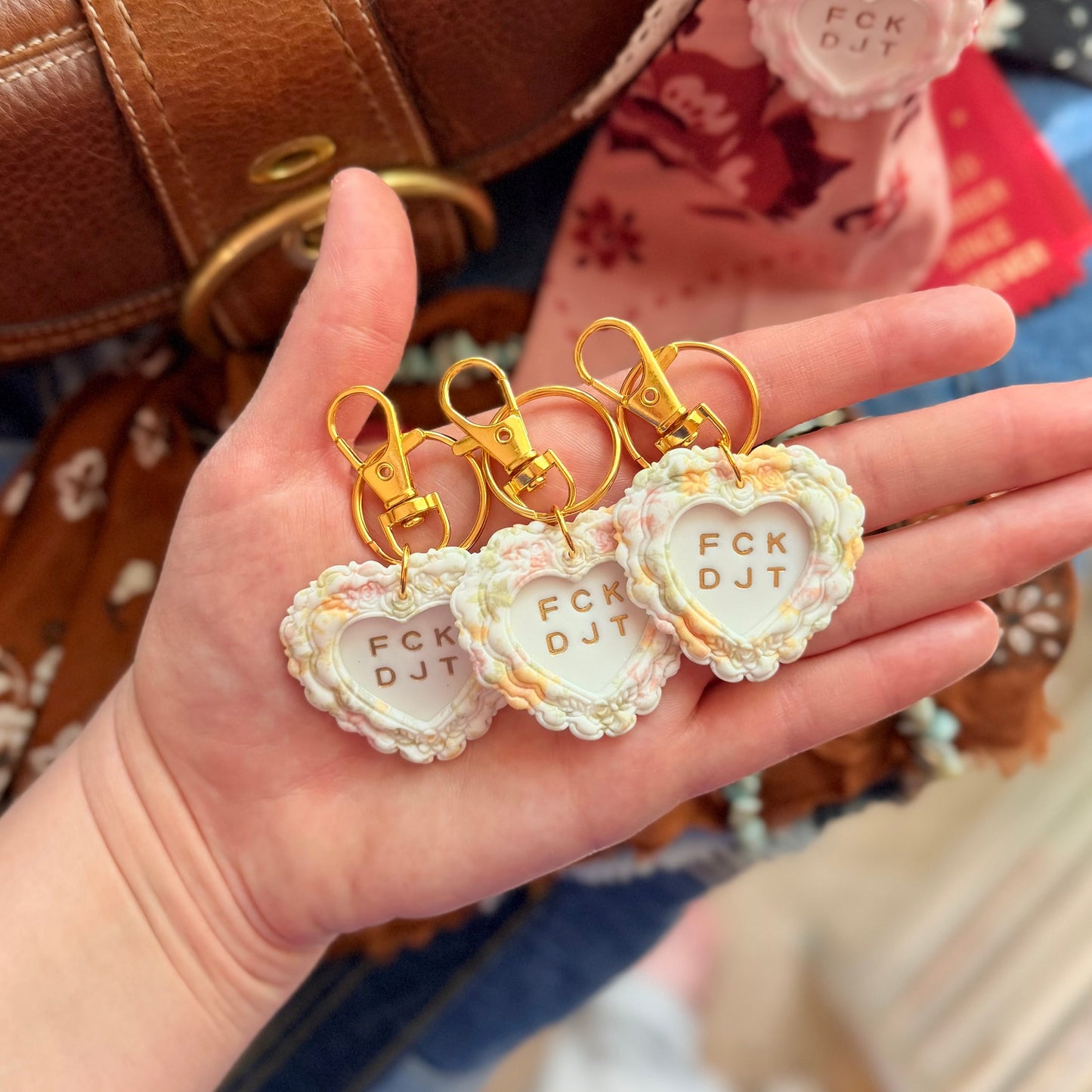 FCK DJT Vintage Floral Heart Keychain Handmade Polymer Clay Bag Charm