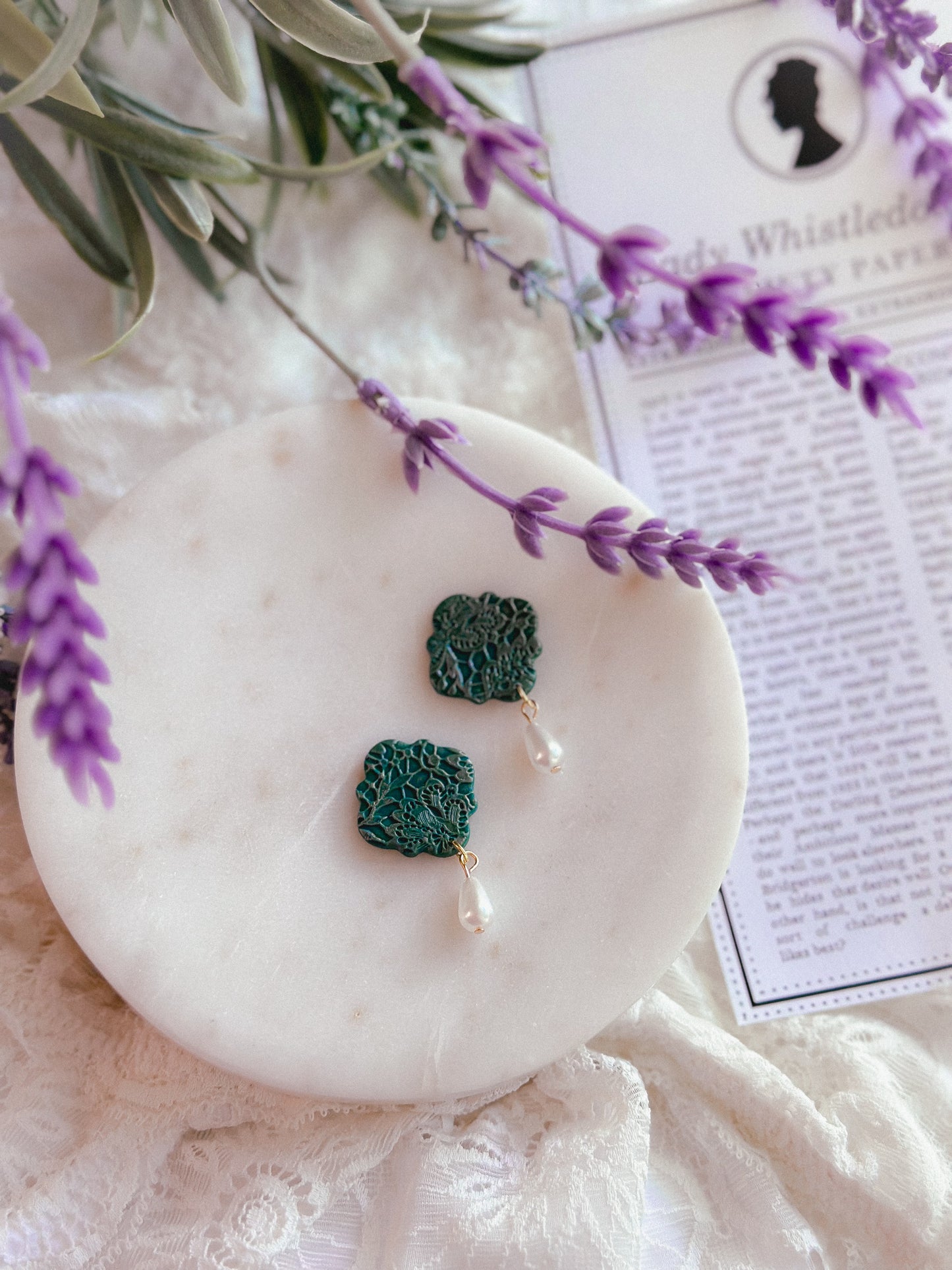 Emerald Lace Damask Pearl Studs