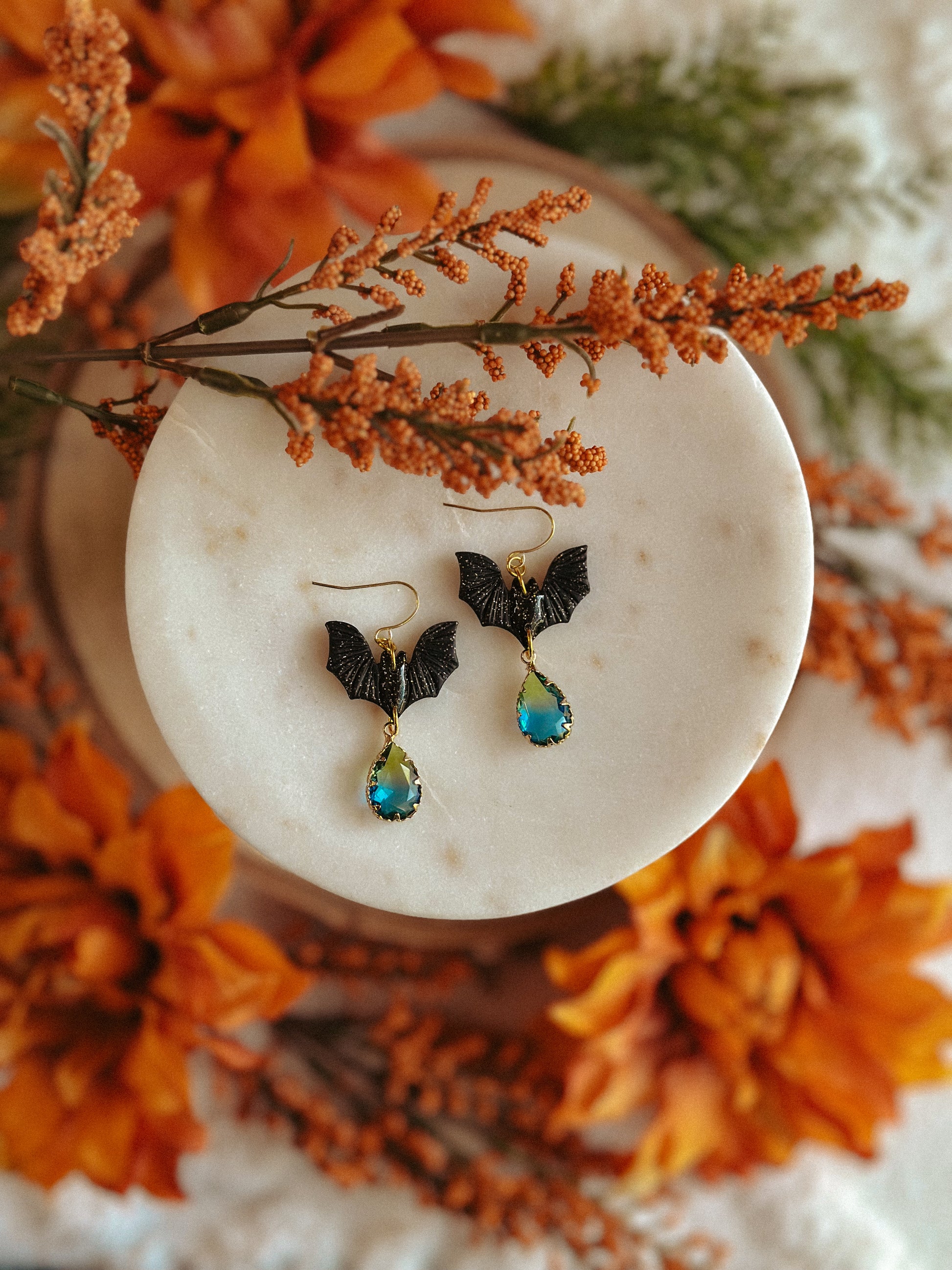 Spooky bat polymer clay & gemstone dangle earrings for Halloween