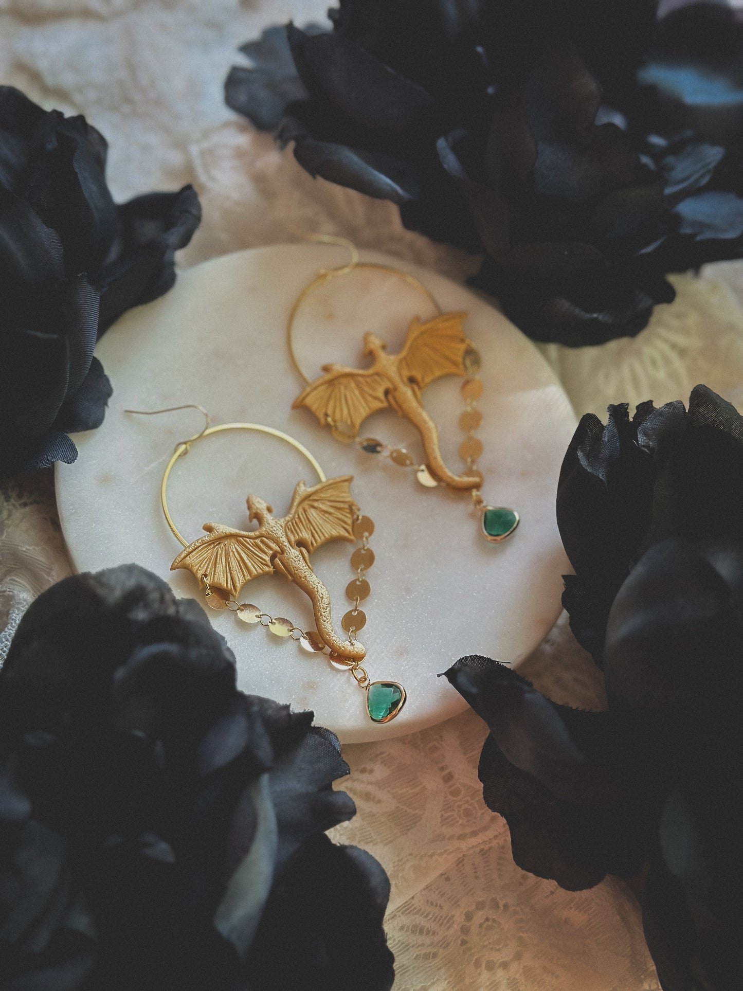 HOTD Syrax Dragon Gold Emerald Crystal Hoop Dangles