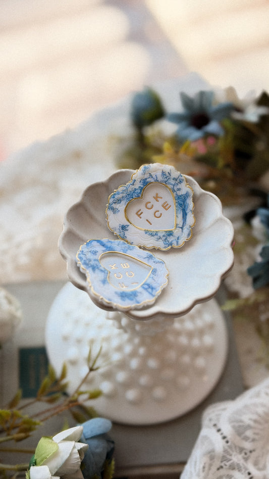 Handmade polymer clay Chinoiserie FCK ICE Heart Frame Brooch with bold heart design on white background — statement accessory pin for jackets and bags.