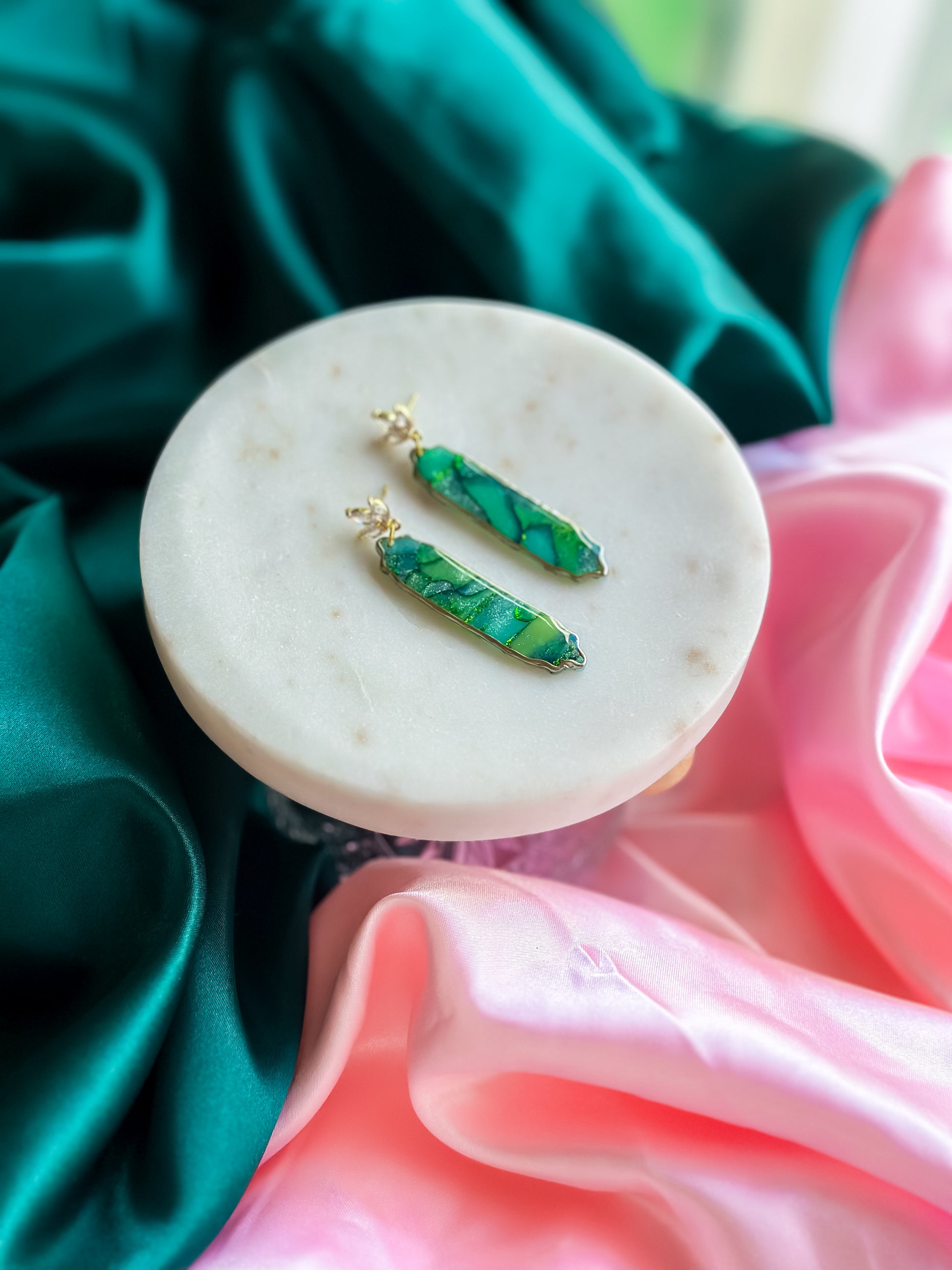 Elphaba green stained glass earrings polymer clay earrings emerald witch inspired Wicked earrings