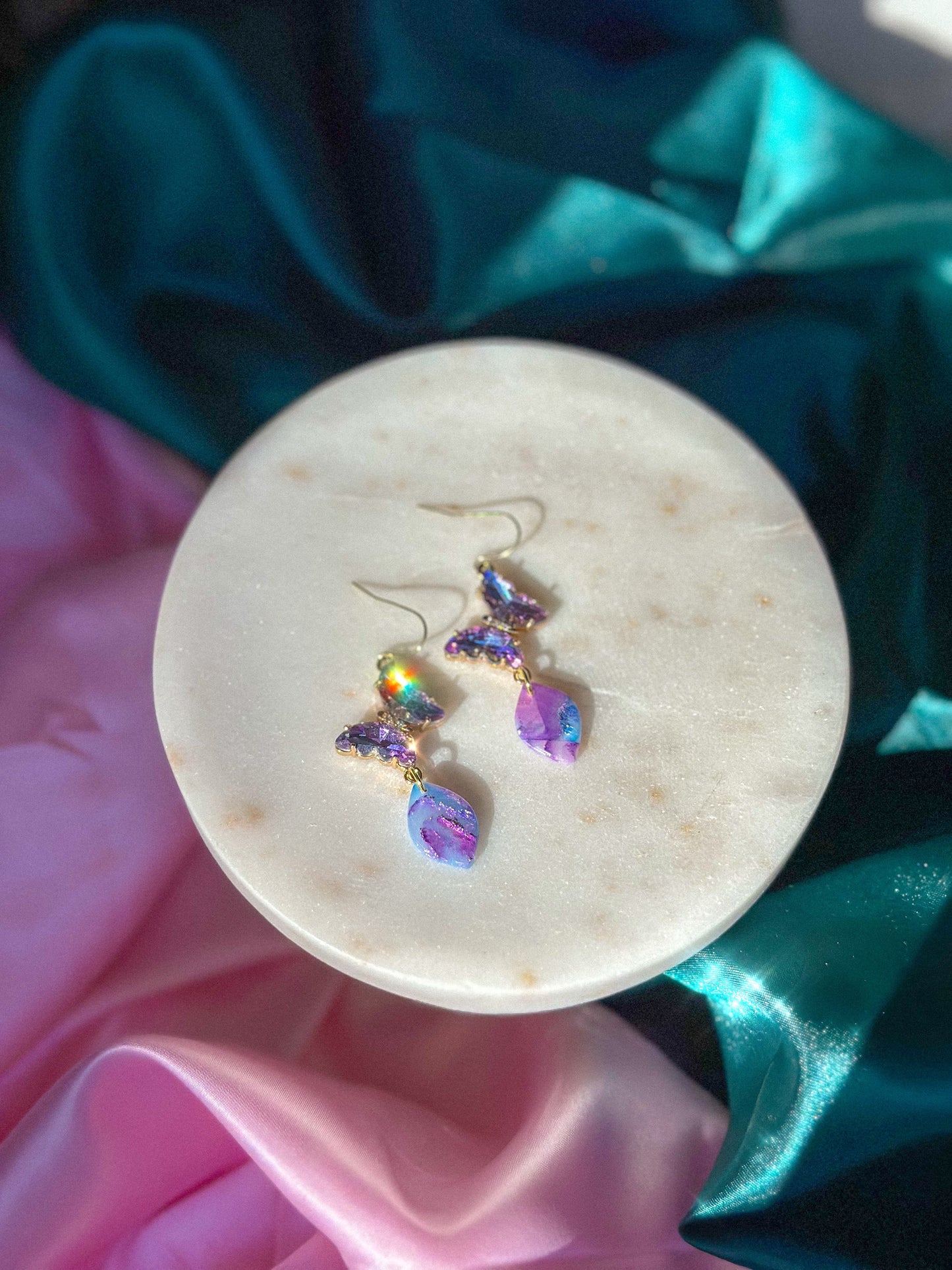 Glinda’s Gown Earrings Stained Glass butterfly earrings handmade polymer clay earrings Wicked inspired earrings pastel stained glass butterfly earrings