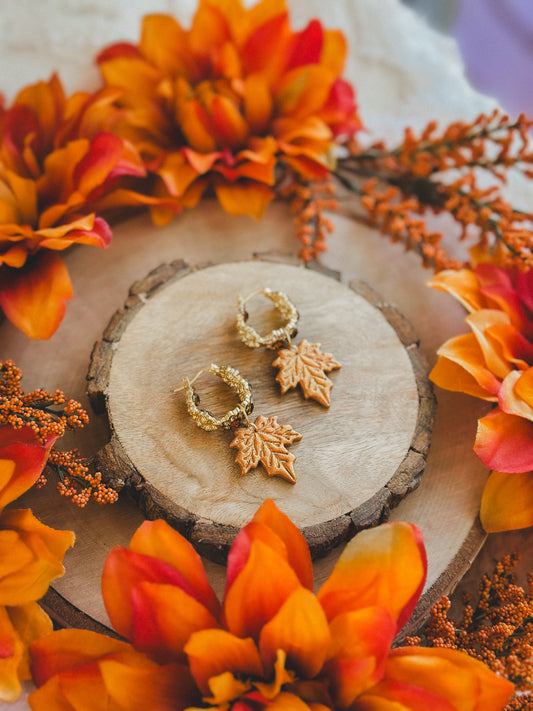 Copper Glitter Leaves on Amber Crystal Hoops