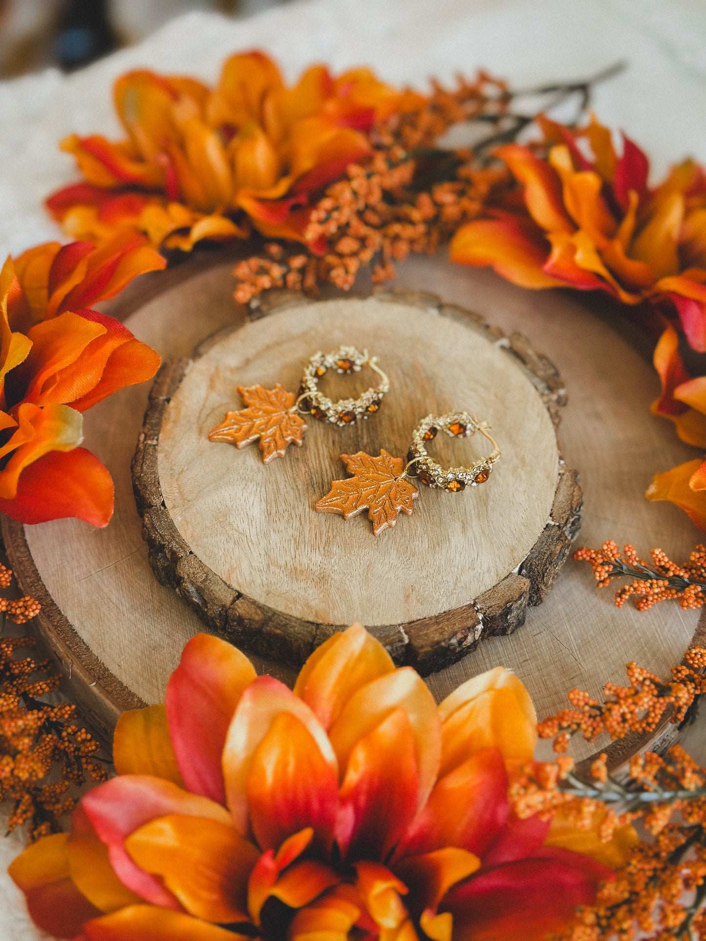 Copper Glitter Leaves on Amber Crystal Hoops