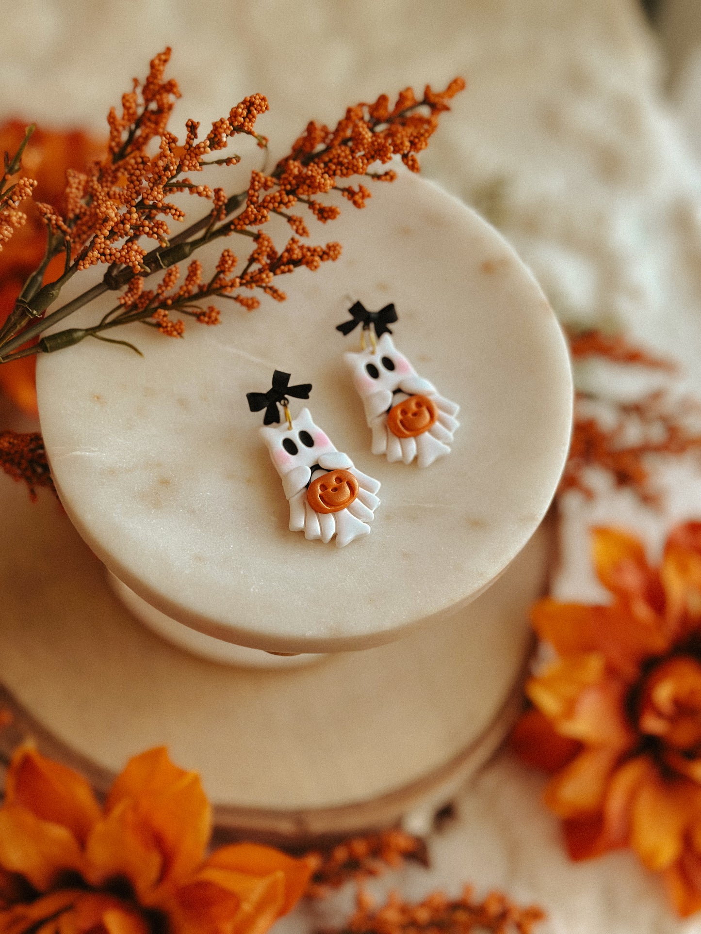 Kitty Trick or Treat Ghosts polymer clay earrings with ghost kitty faces for Halloween