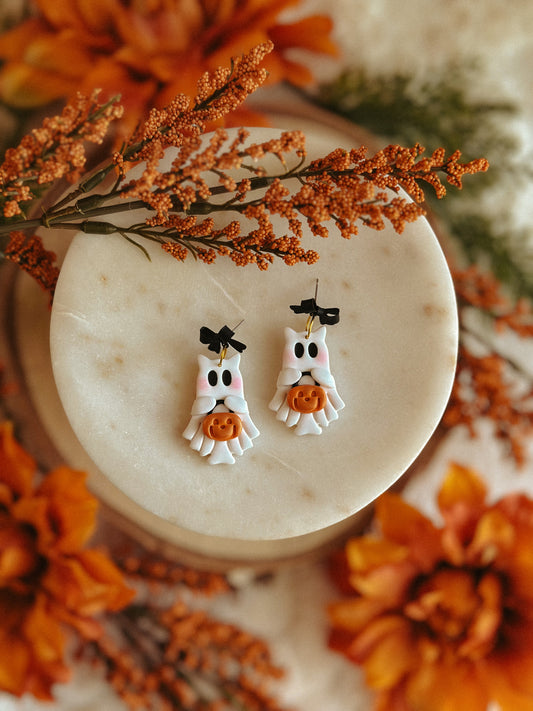 Kitty Trick or Treat Ghosts polymer clay earrings with ghost kitty faces for Halloween