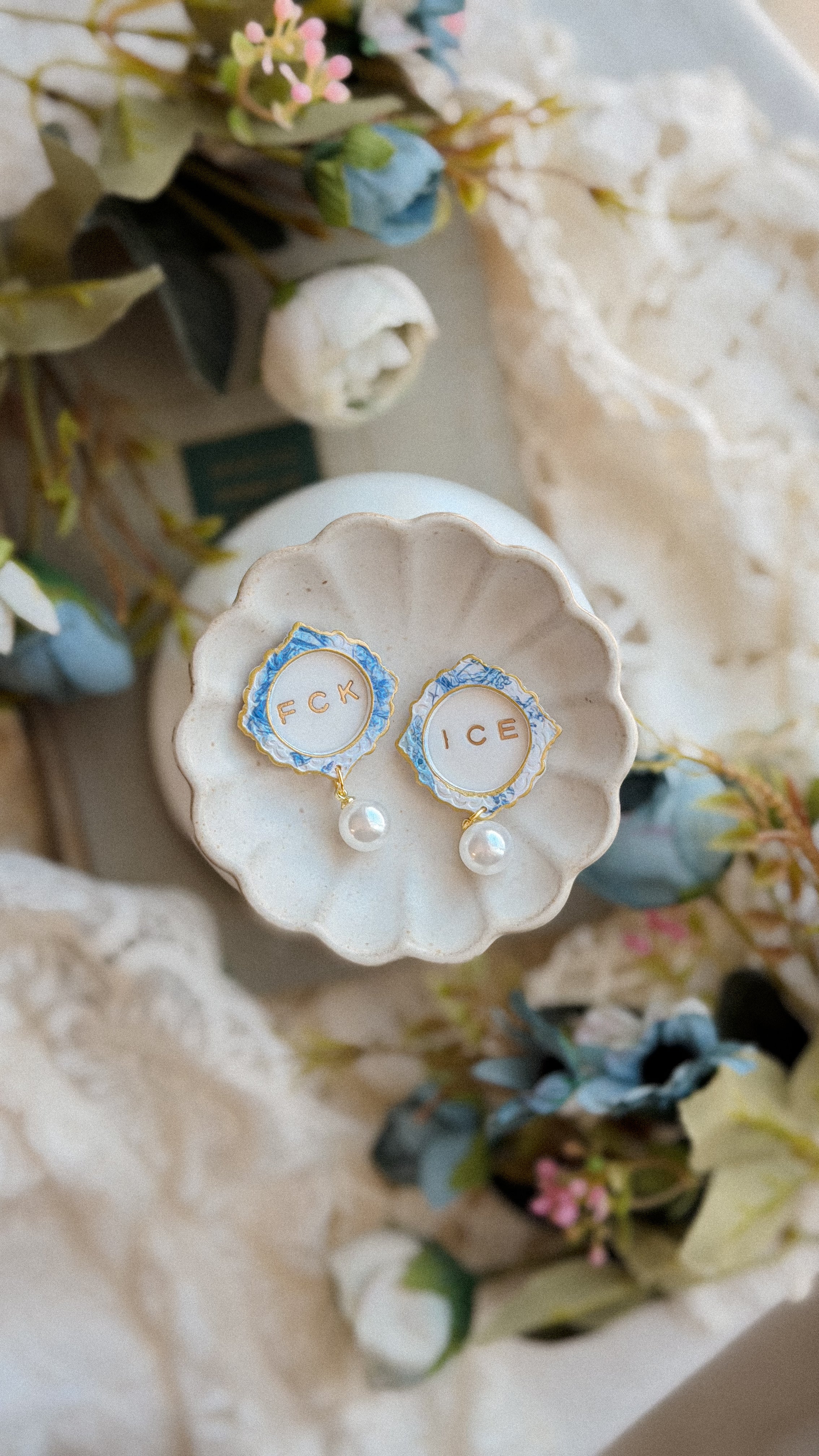 FCK ICE Chinoiserie Frame Pearl Stud Earrings- Handmade Polymer