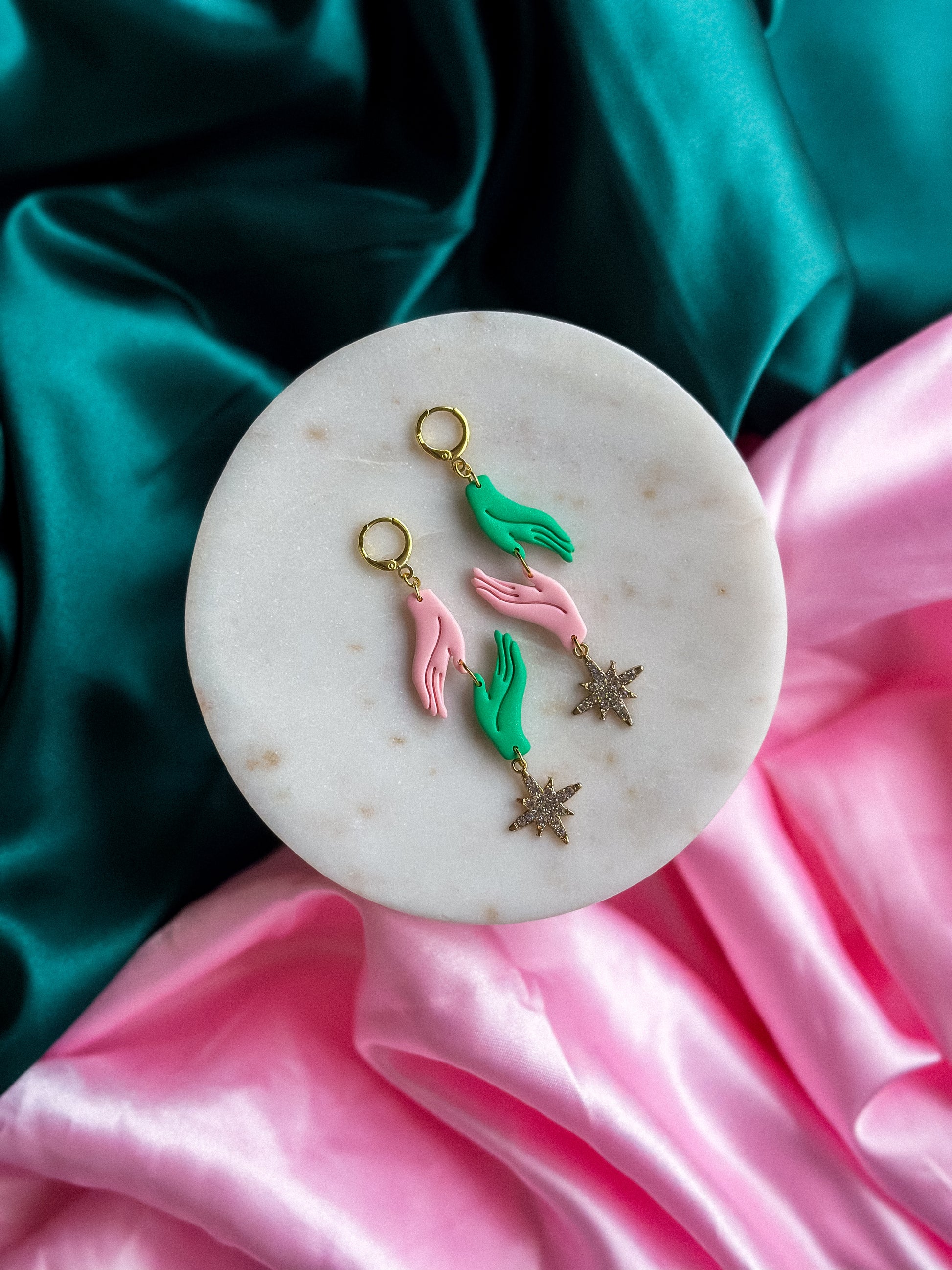 Holding Space Earrings Glinda and Elphaba Wicked earrings pink and green handmade polymer clay dangle earrings Wicked inspired earrings