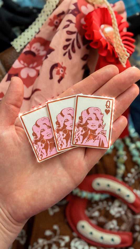 Three Queen Dolly playing card fridge magnets in pink, cream and red, Dolly Parton inspired country music gifts