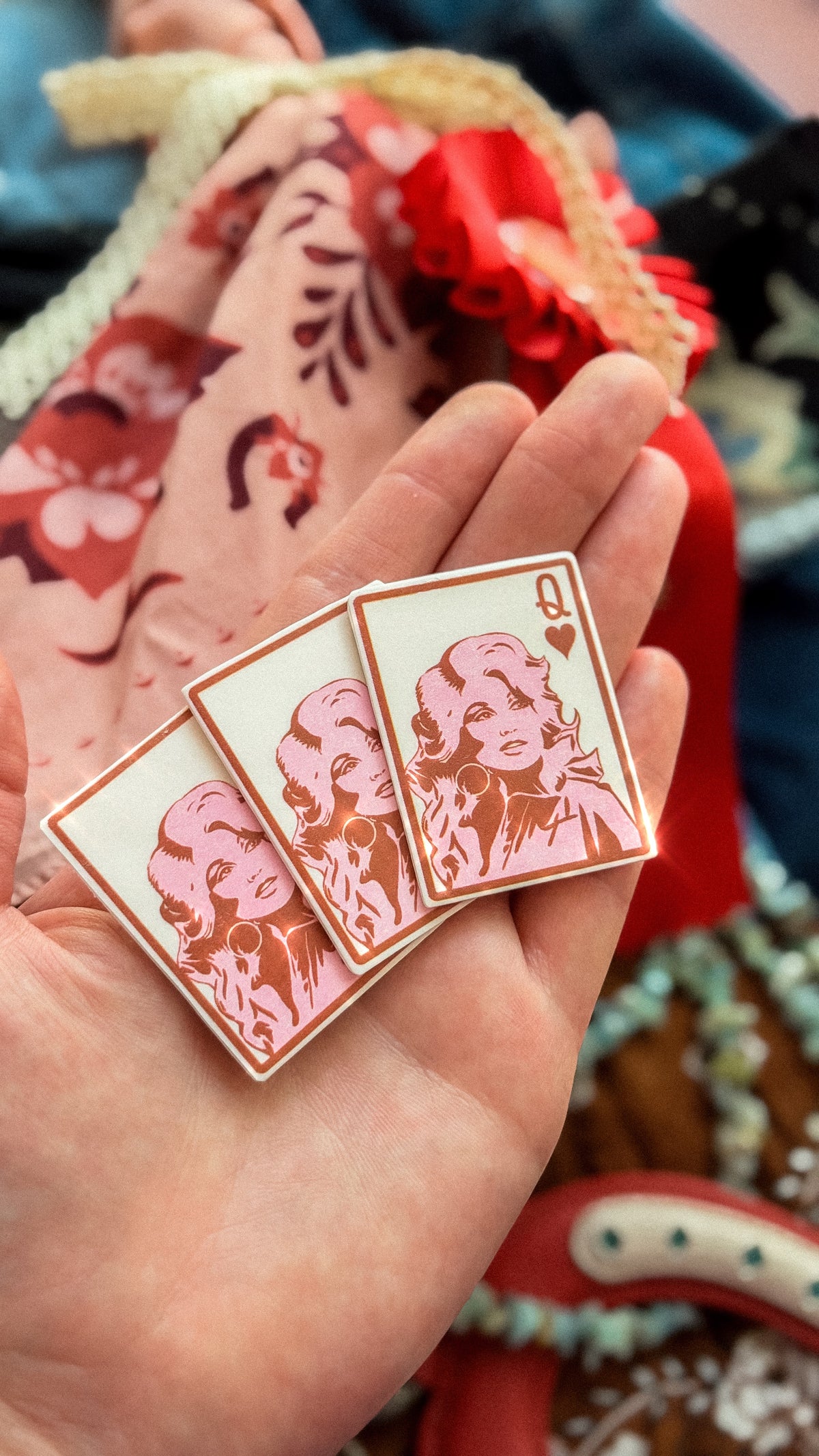 Handmade Dolly Parton inspired Queen of Hearts magnets with retro pink playing card design