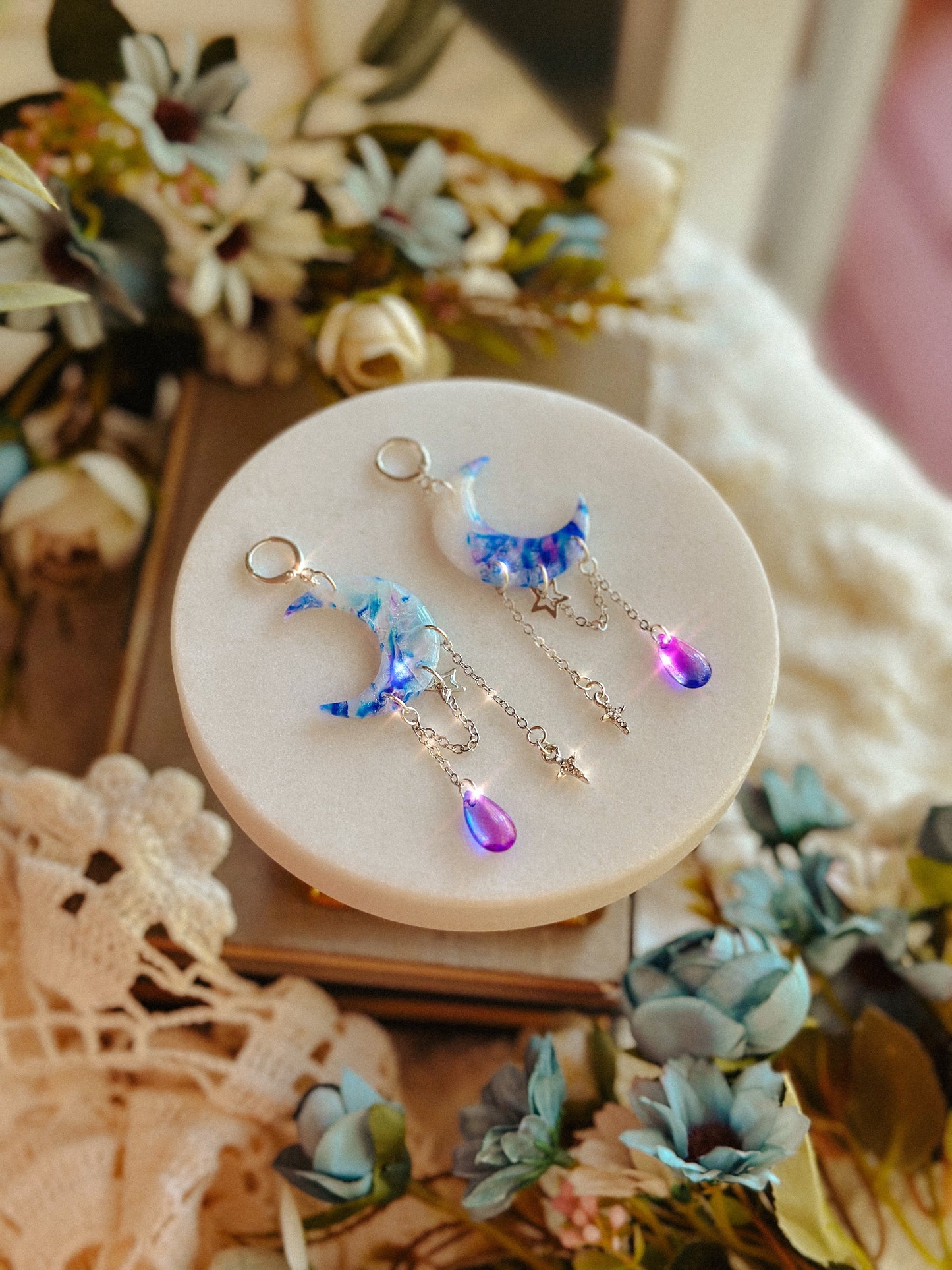 Summer Sunset Stained Glass Crescent Moon Dangles