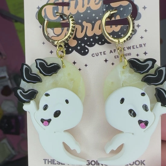 Casper glow in the dark full moon polymer clay earrings Halloween moon drops
