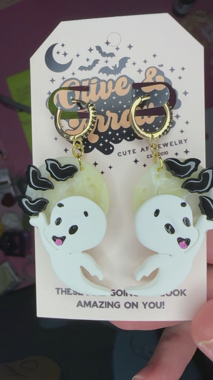 Casper glow in the dark full moon polymer clay earrings Halloween moon drops