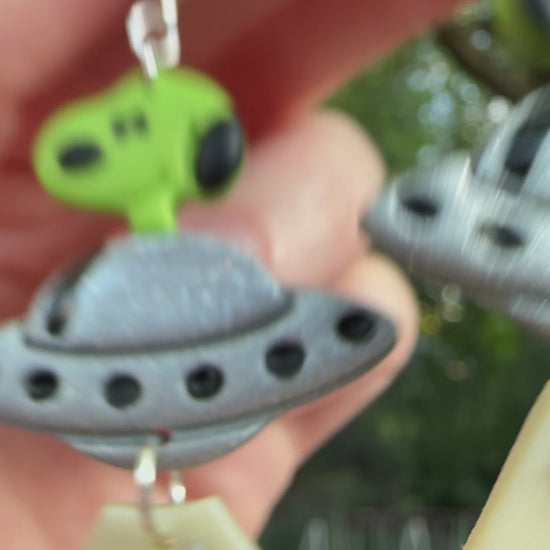 Handmade glow-in-the-dark Snoopy alien dangle earrings for Halloween
