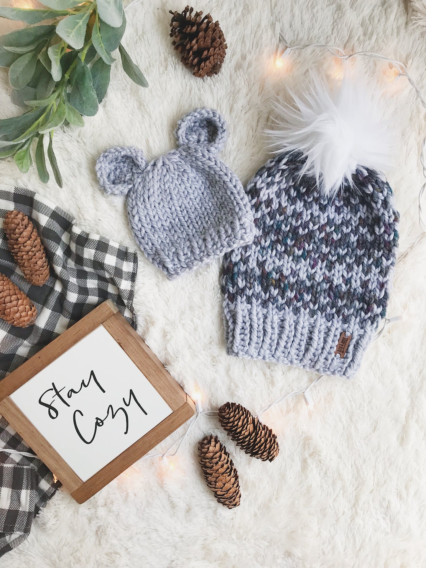 Mommy and Me SET Knitted Fair Isle Beanie with Faux Fur Pom Pom // The Hallowell and Baby Bear Hat