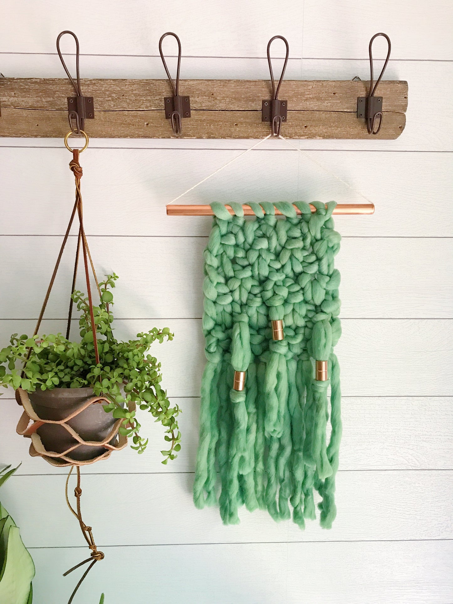 Palm Leaf Green Knit Wall Hanging with Copper Detail