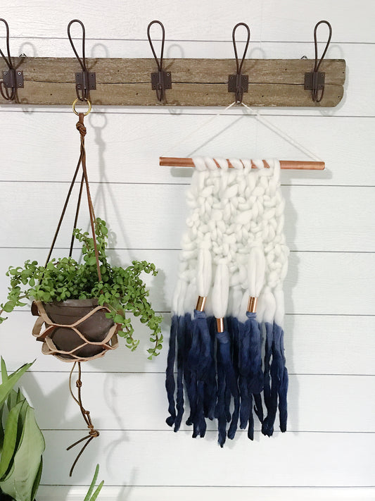 Indigo Blue Dip Dye Ombré Knit Wall Hanging with Copper Detail