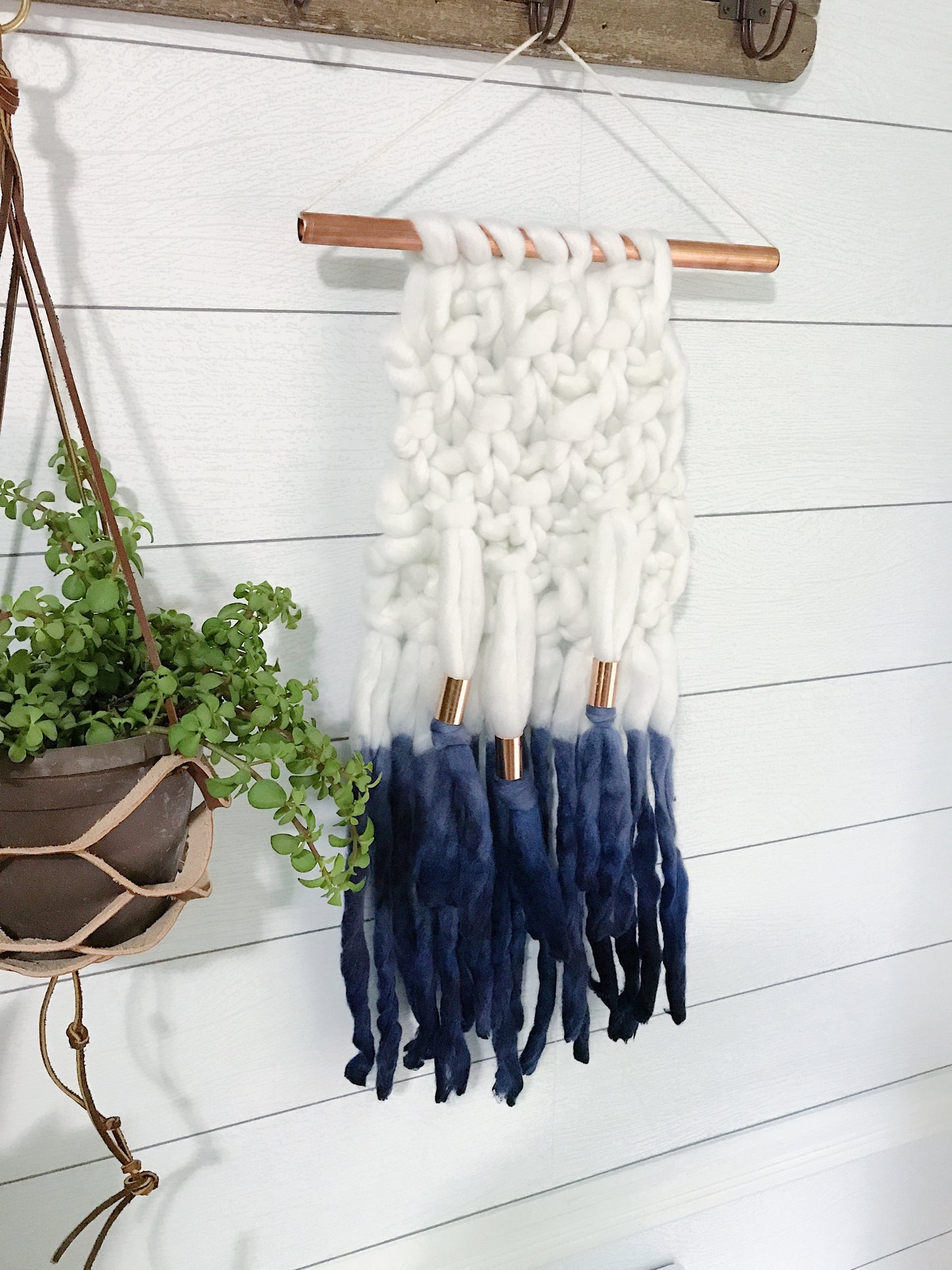 Indigo Blue Dip Dye Ombré Knit Wall Hanging with Copper Detail