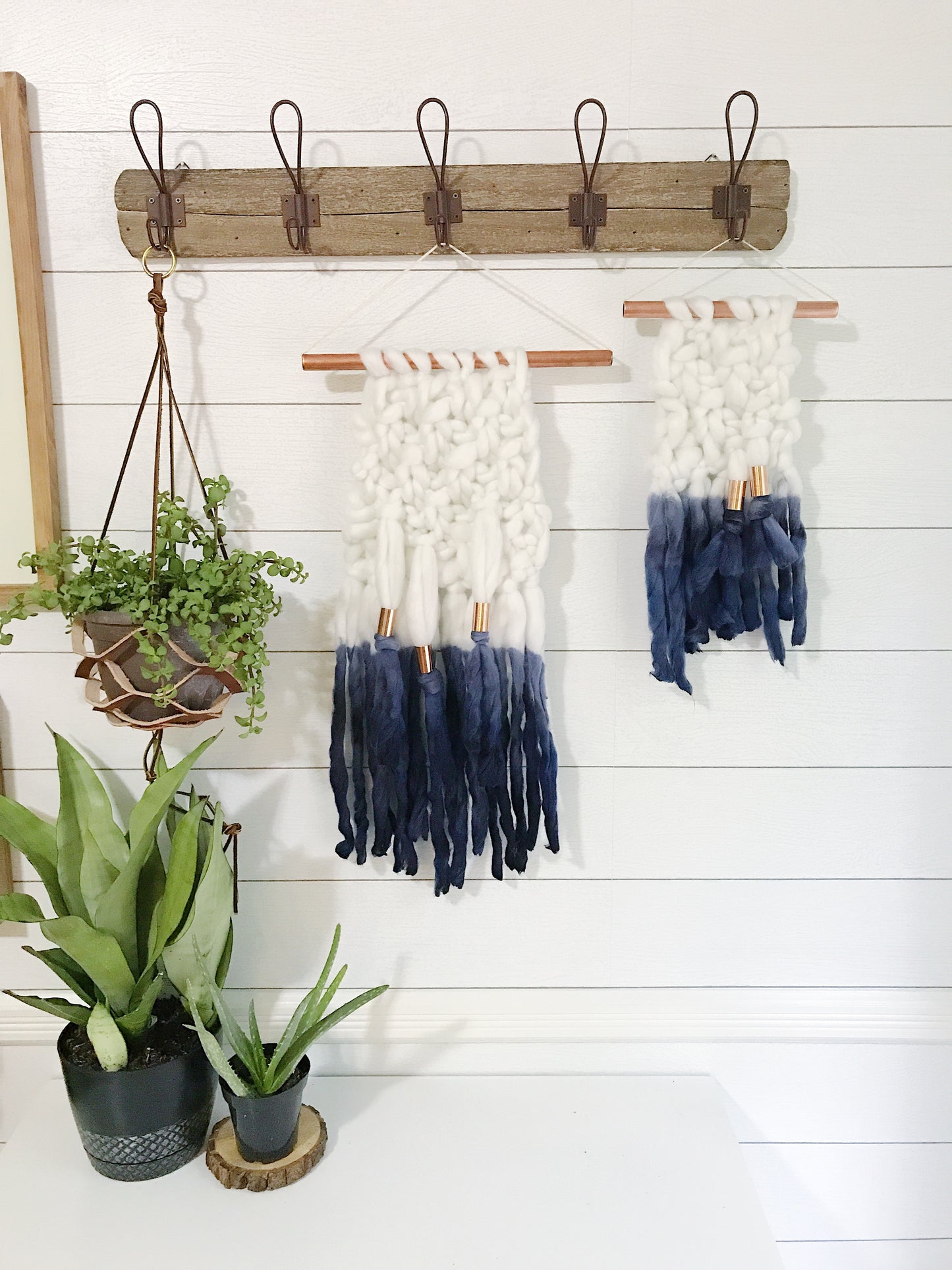 Indigo Blue Dip Dye Ombré Knit Wall Hanging with Copper Detail