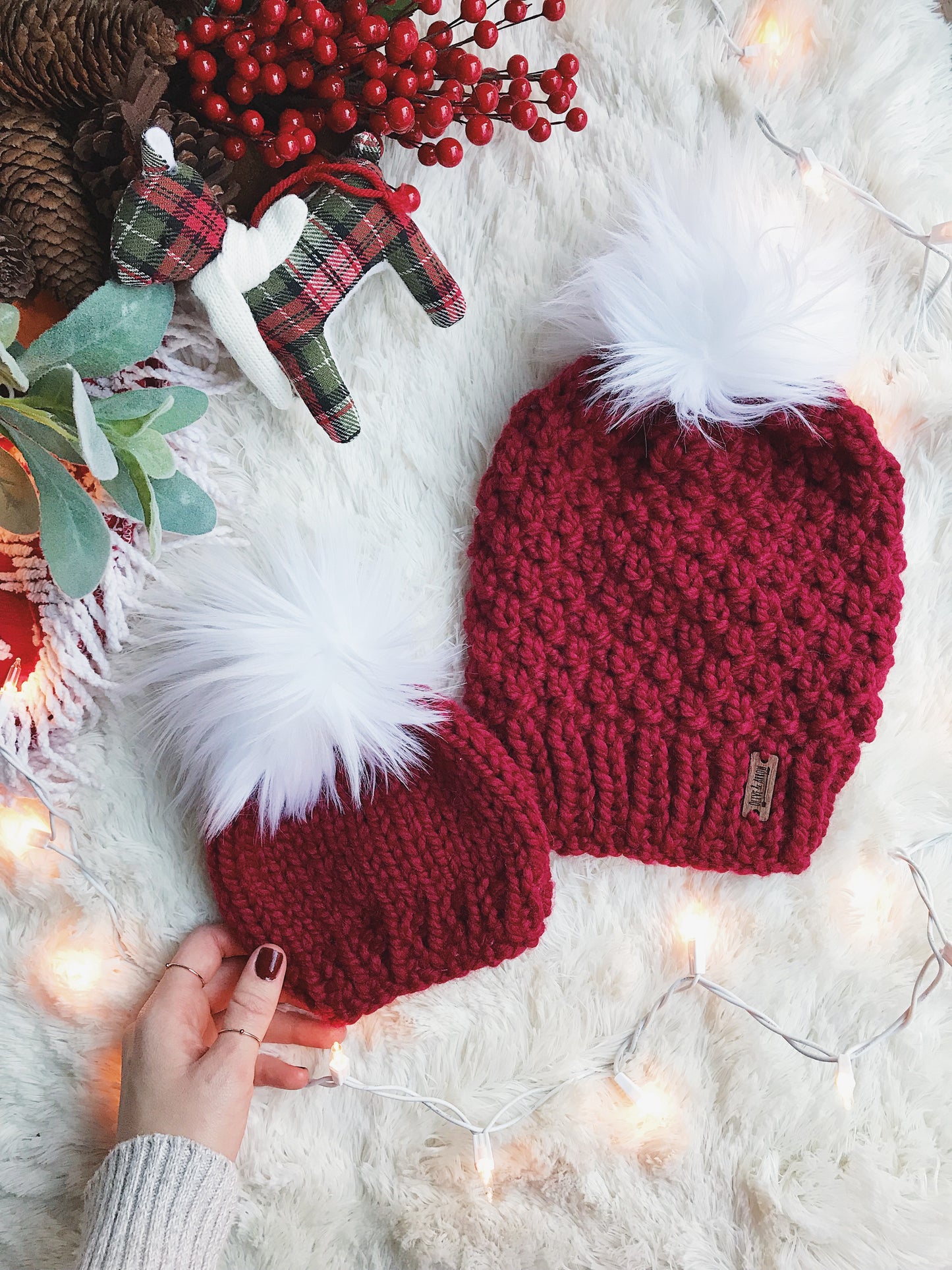 LIMITED EDITION Holiday Mommy and Me SET Beanie w/ Faux Fur Pom