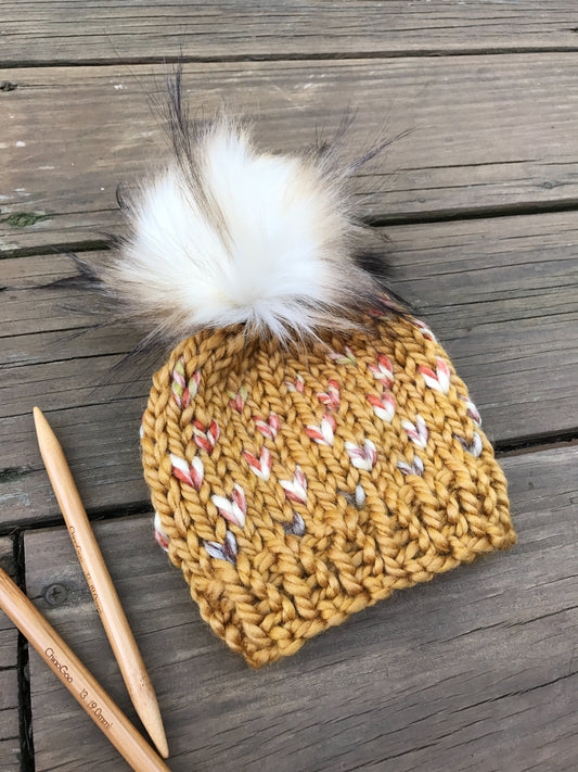Knit Baby Hat Beanie Handmade Faux Fur Pom Pom // Coney Island Fair Isle
