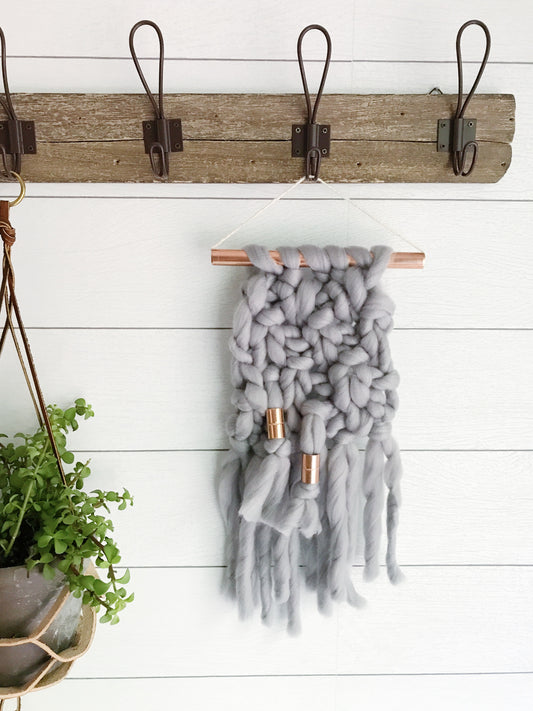 Mini Smoke Grey Knit Wall Hanging with Copper Detail