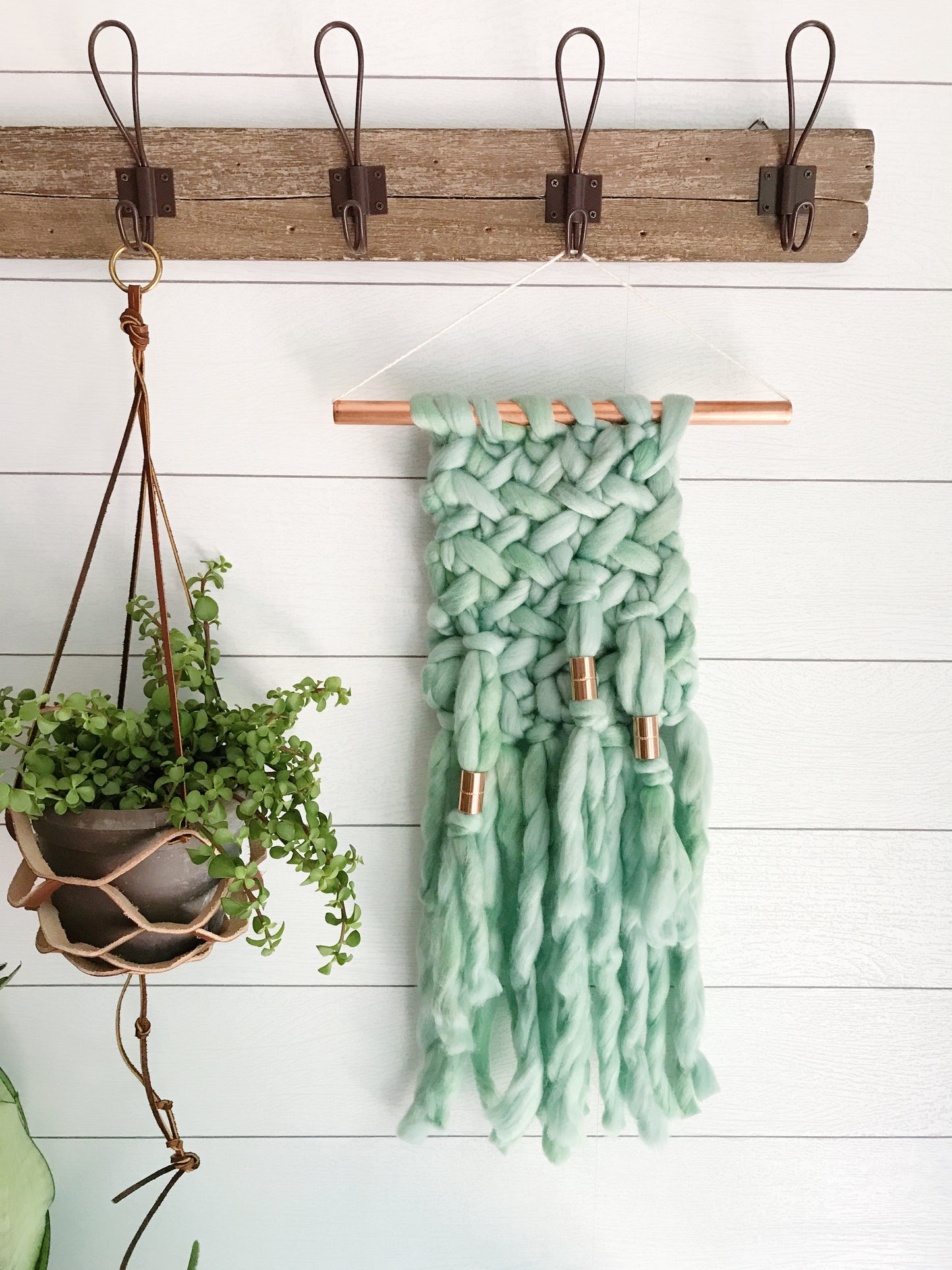 Jade Green Knit Wall Hanging with Copper Detail