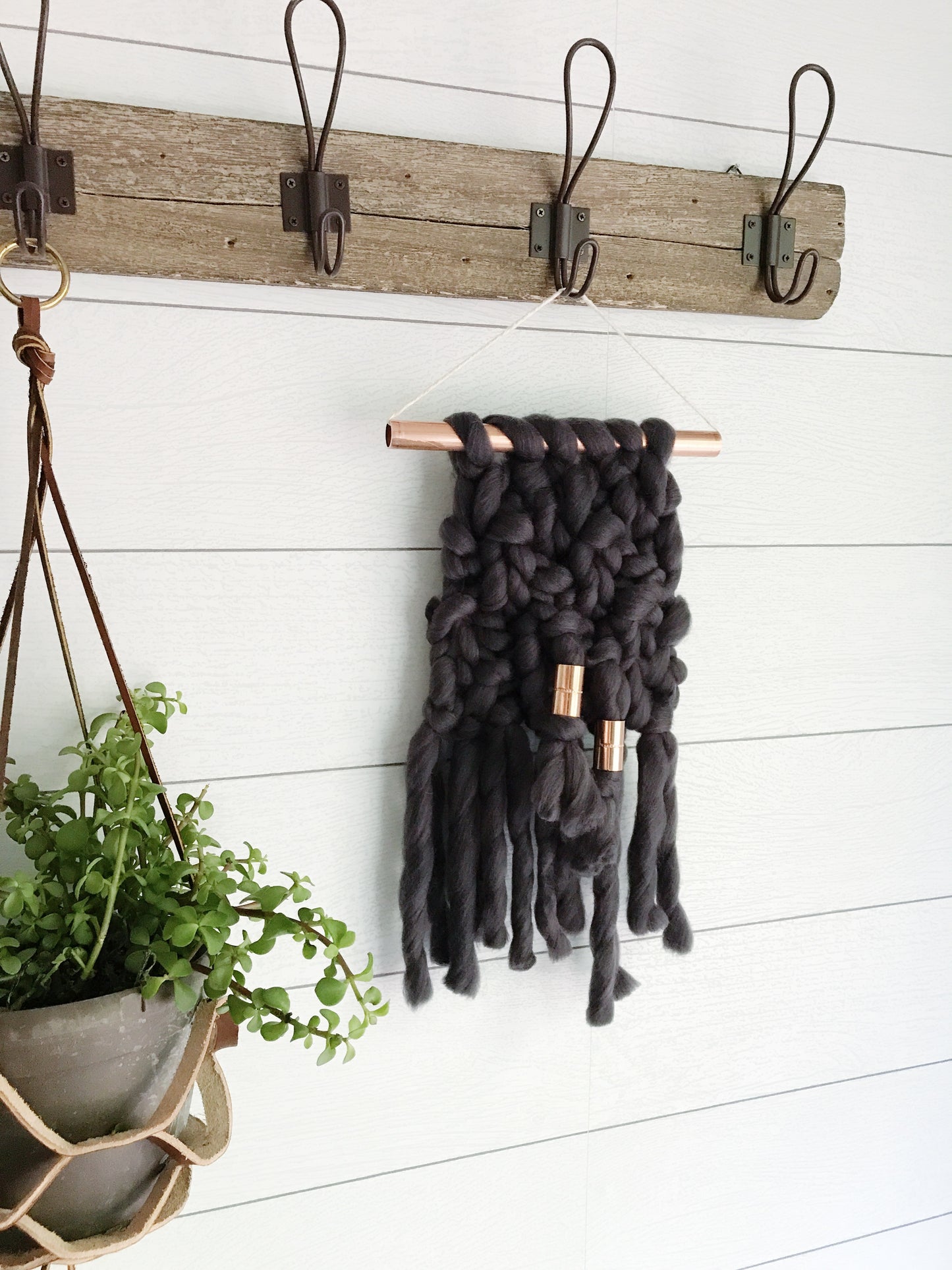 Mini Charcoal Grey Knit Wall Hanging with Copper Detail