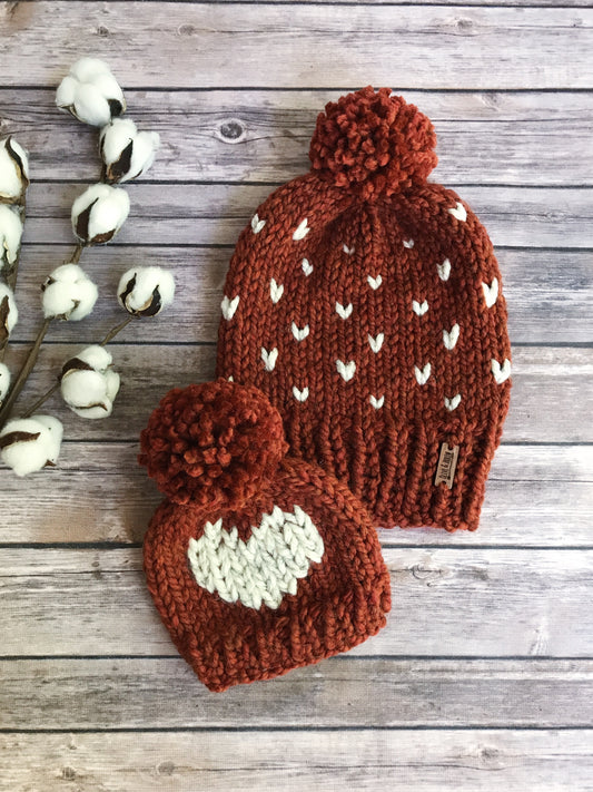 Mommy and Me Hats Knit Fair Isle Baby and Adult Beanie Yarn Pom Pom // Hearts