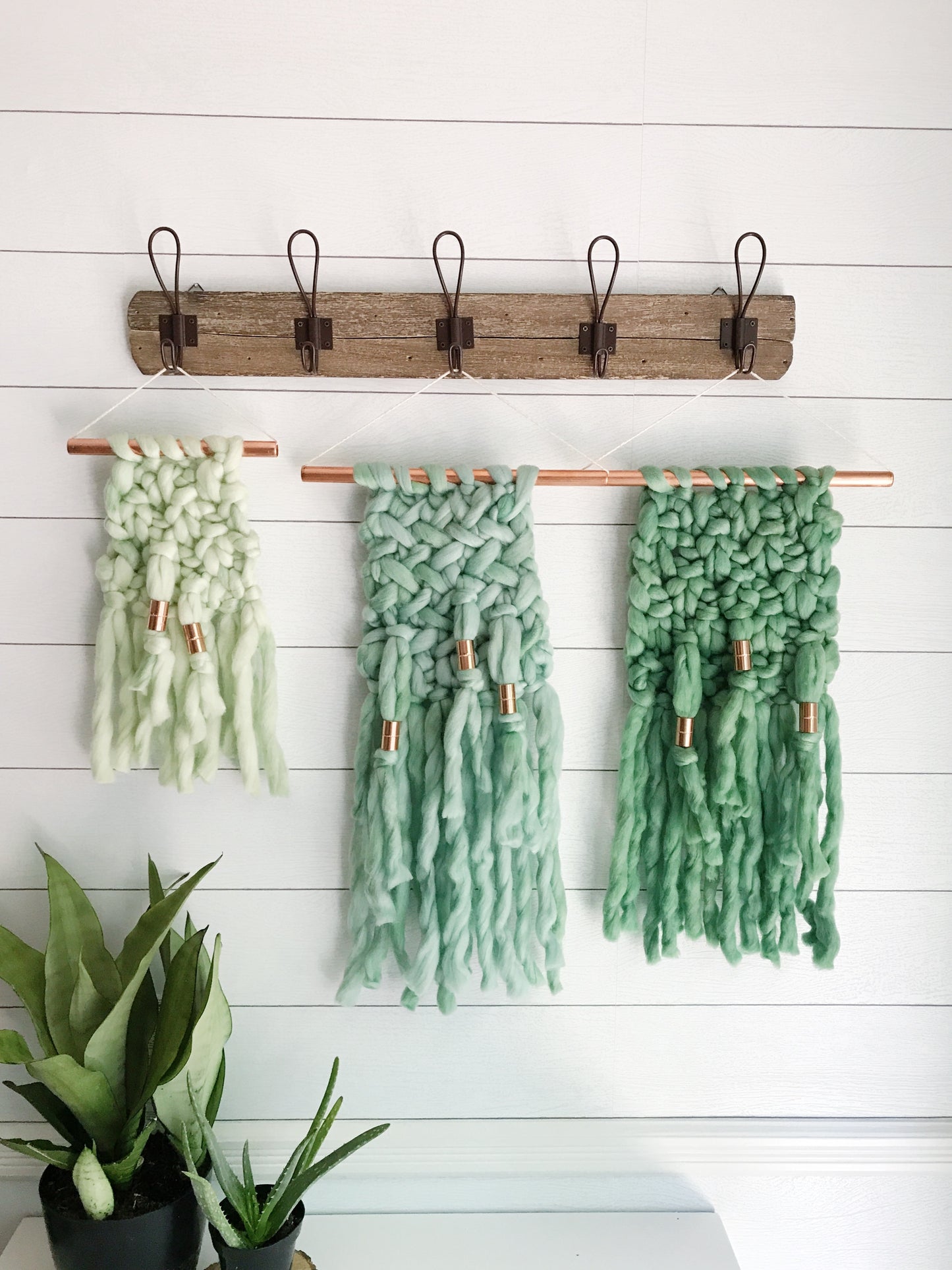 Jade Green Knit Wall Hanging with Copper Detail